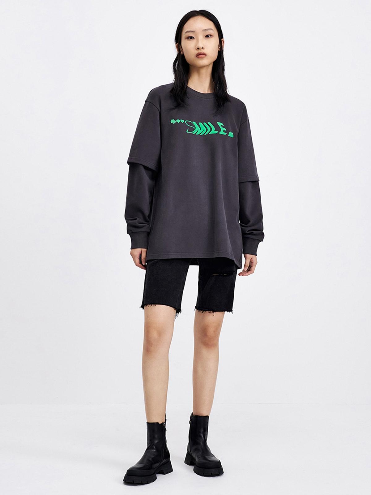 Text Graphic Print T-Shirt Sweater - Dark Grey