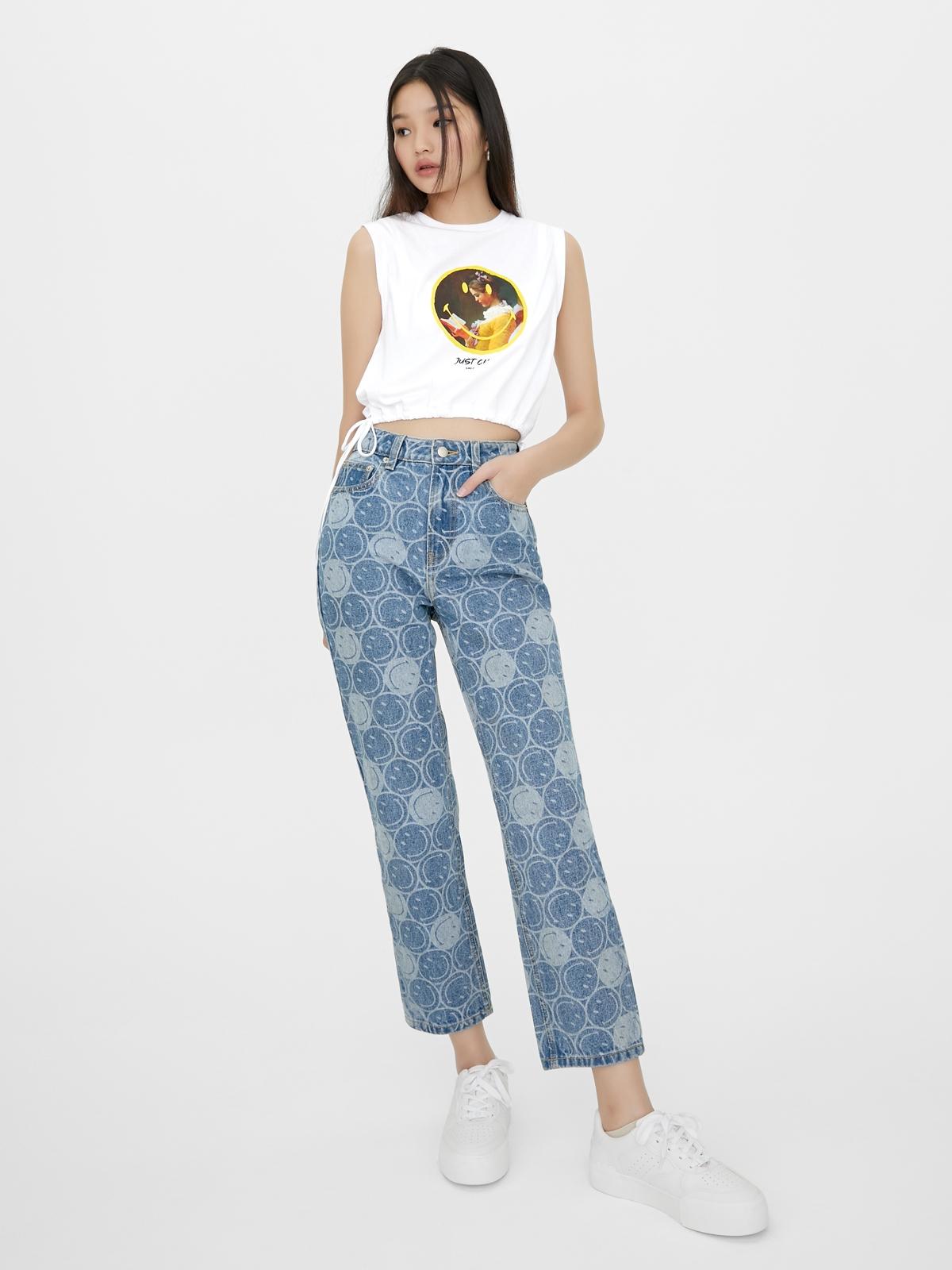 Smiley® All-Over Logo Print Jeans - Light Blue