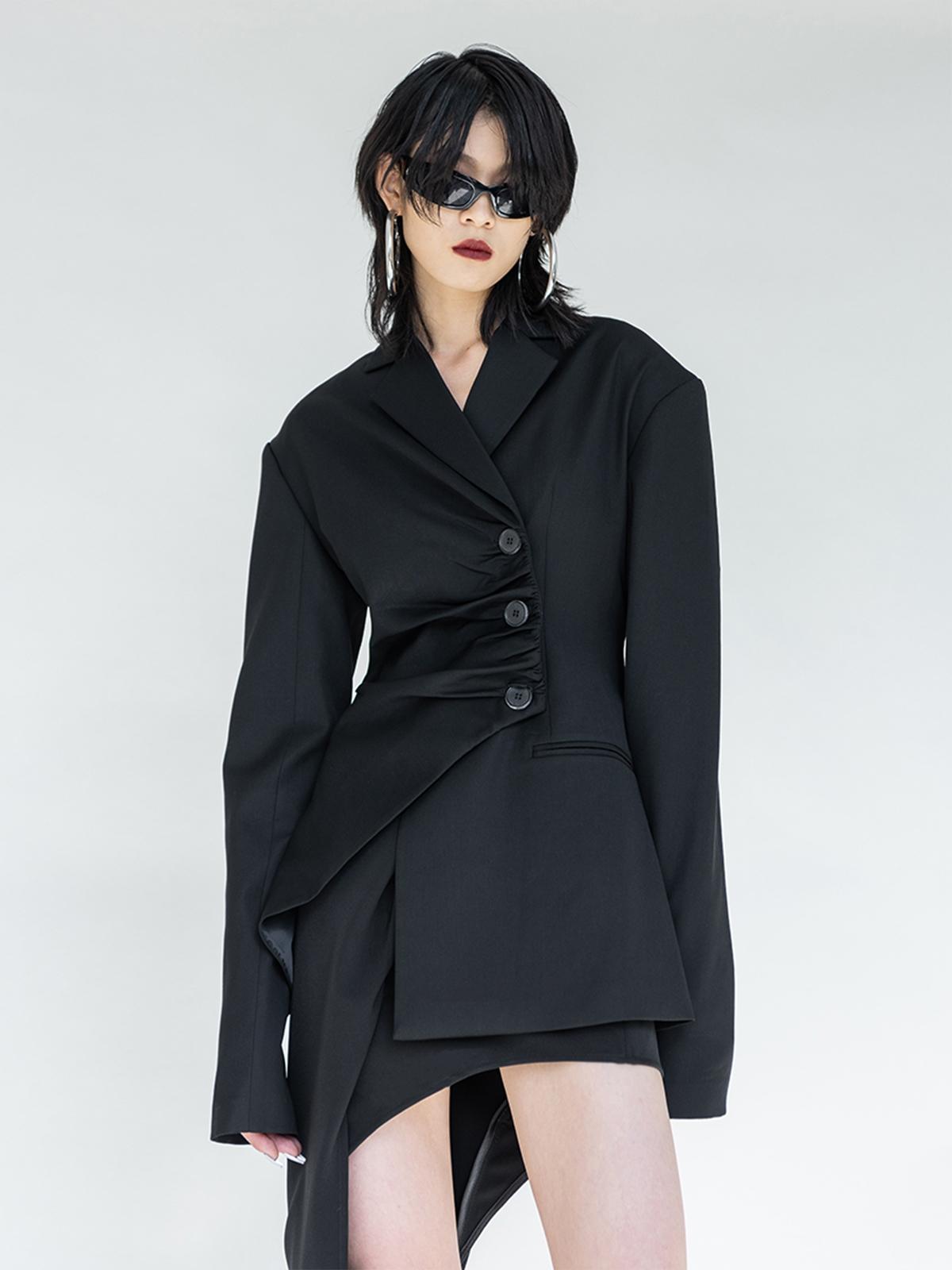 Irregular Pleated Suit with Splicing Gauze - Black