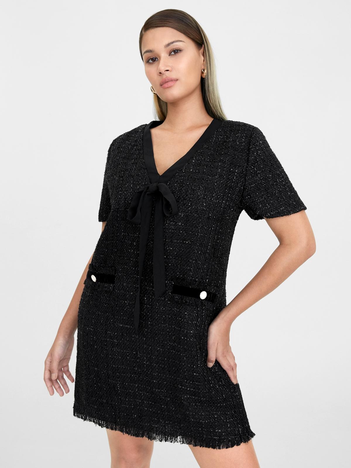 Mini Front Tie Tweed Dress - Black