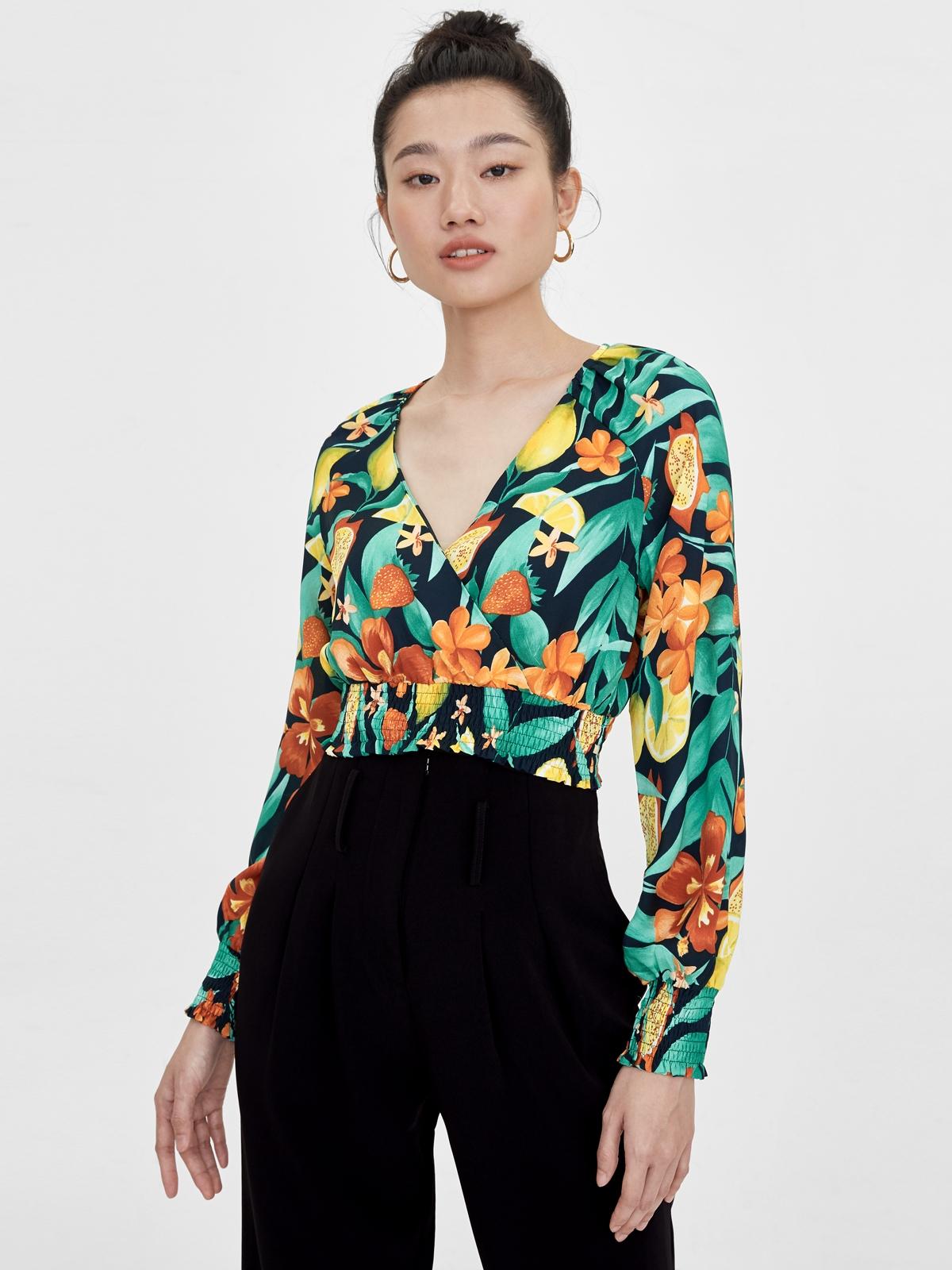 Long Sleeves Fruit Print Smocked Top - Navy