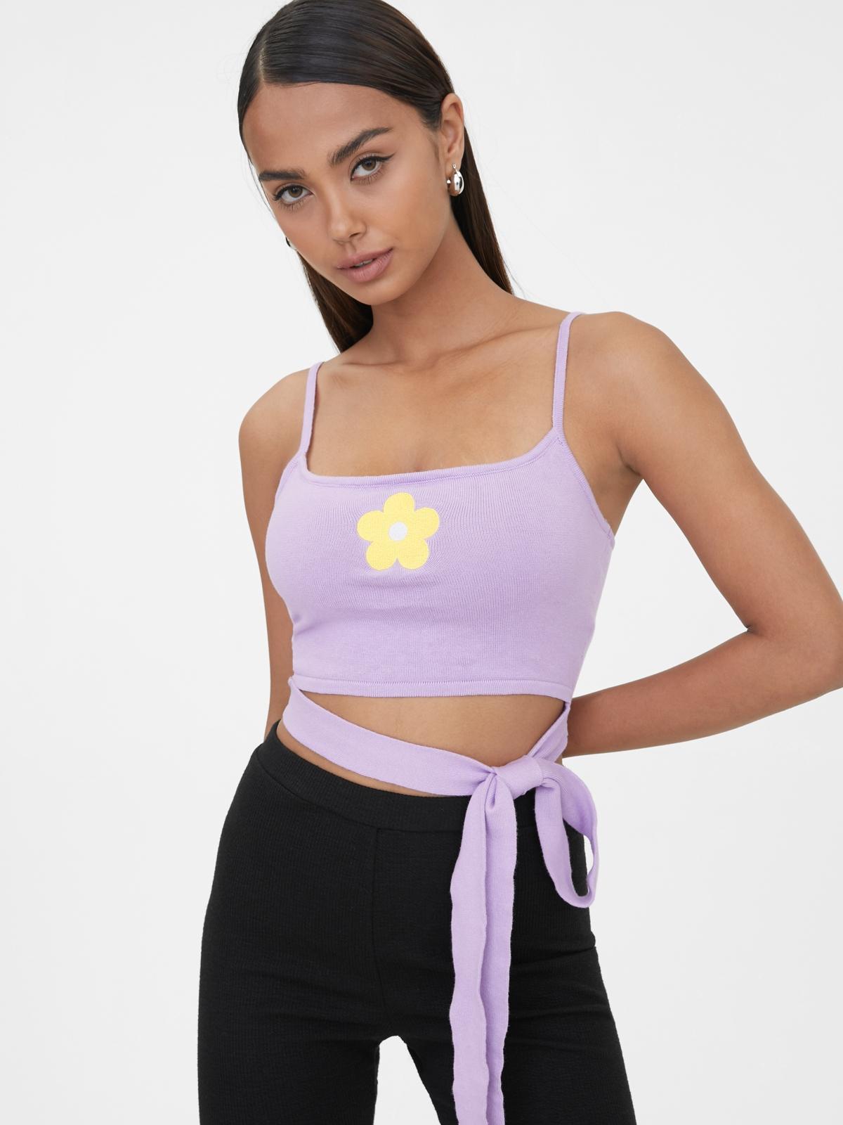 Waist Tie Flower Tank Top - Purple