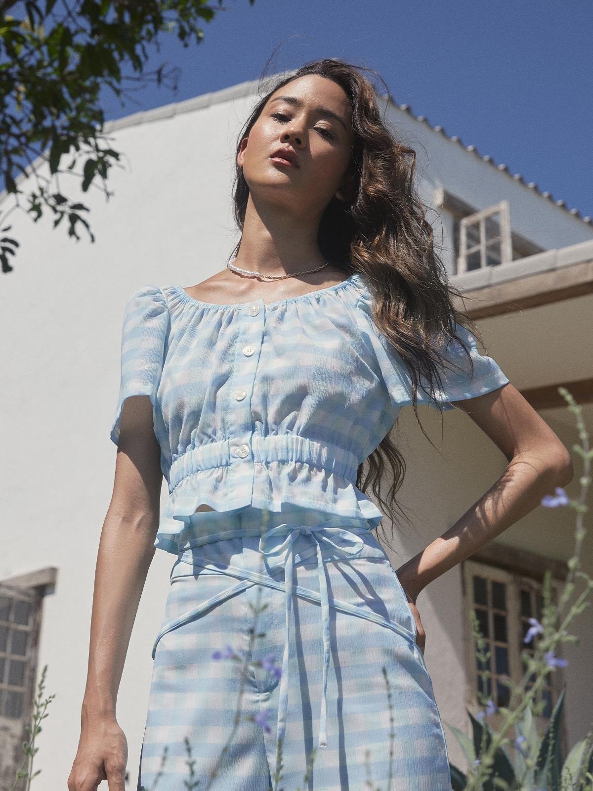 Flared Gingham Blouses - Blue