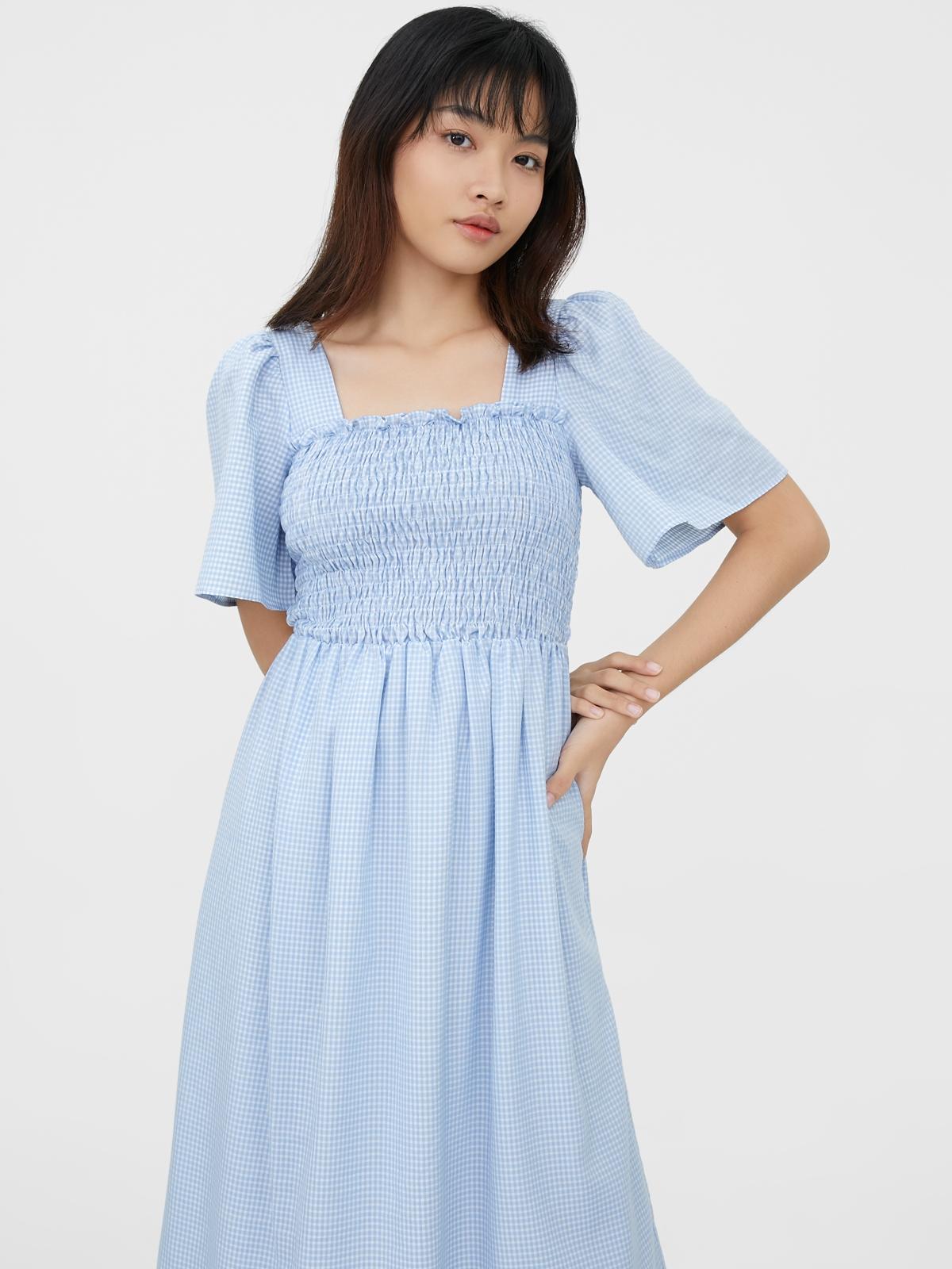 Smocked Puff Sleeve Midi Dress - Blue