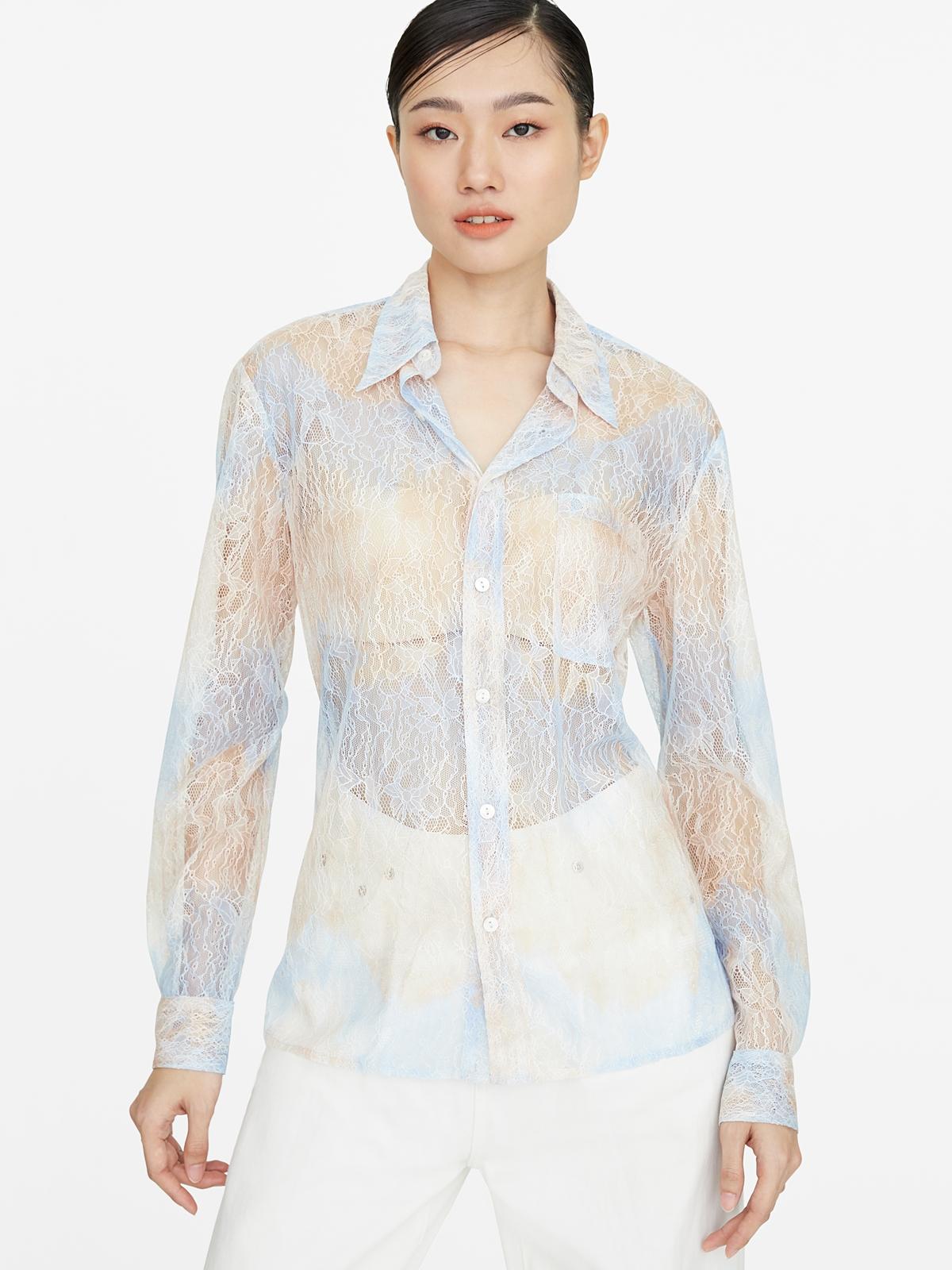 Sheer Buttoned Down Lace Top - Orange