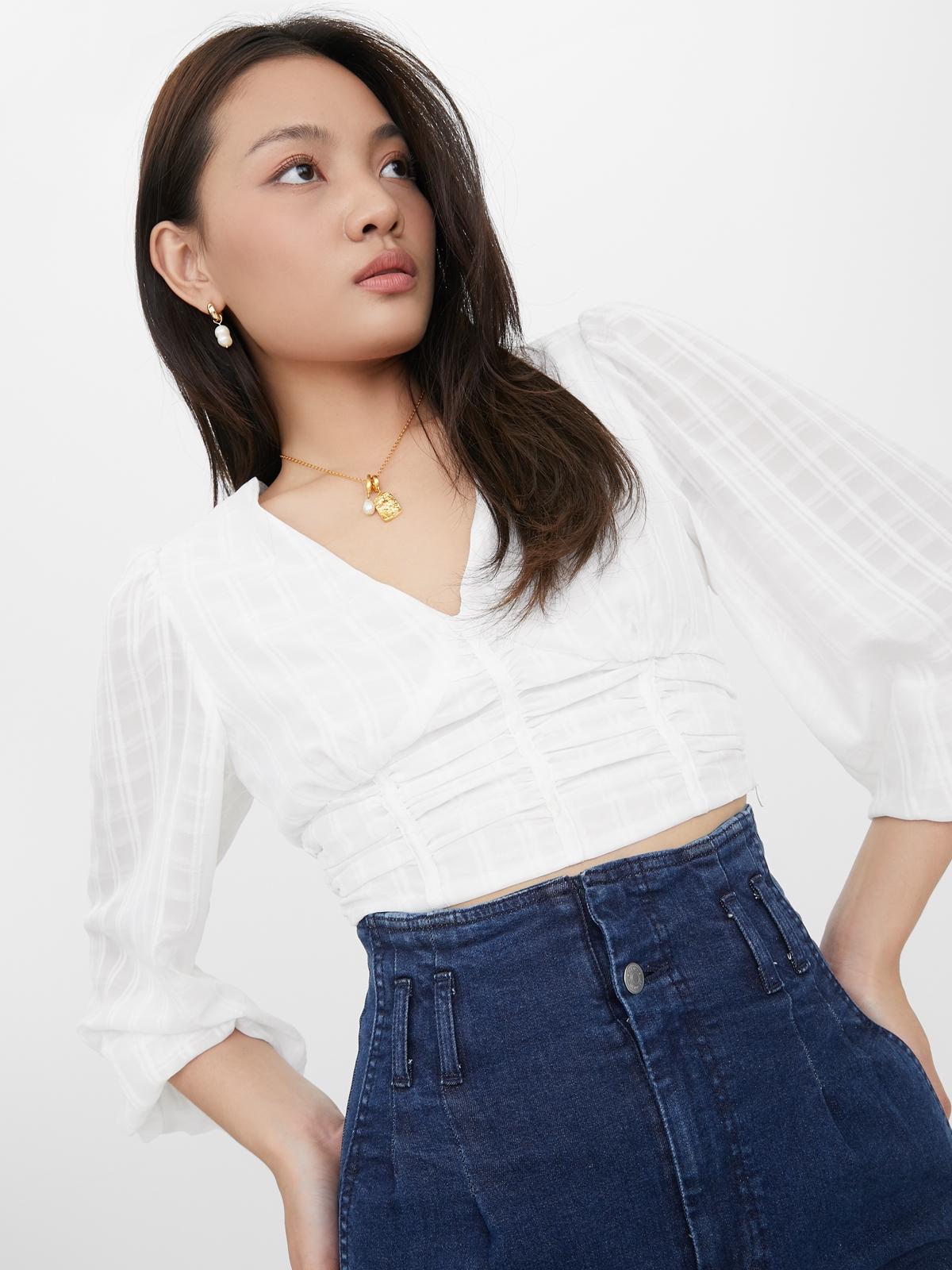 Ruched Puff Sleeve Crop Blouse - White
