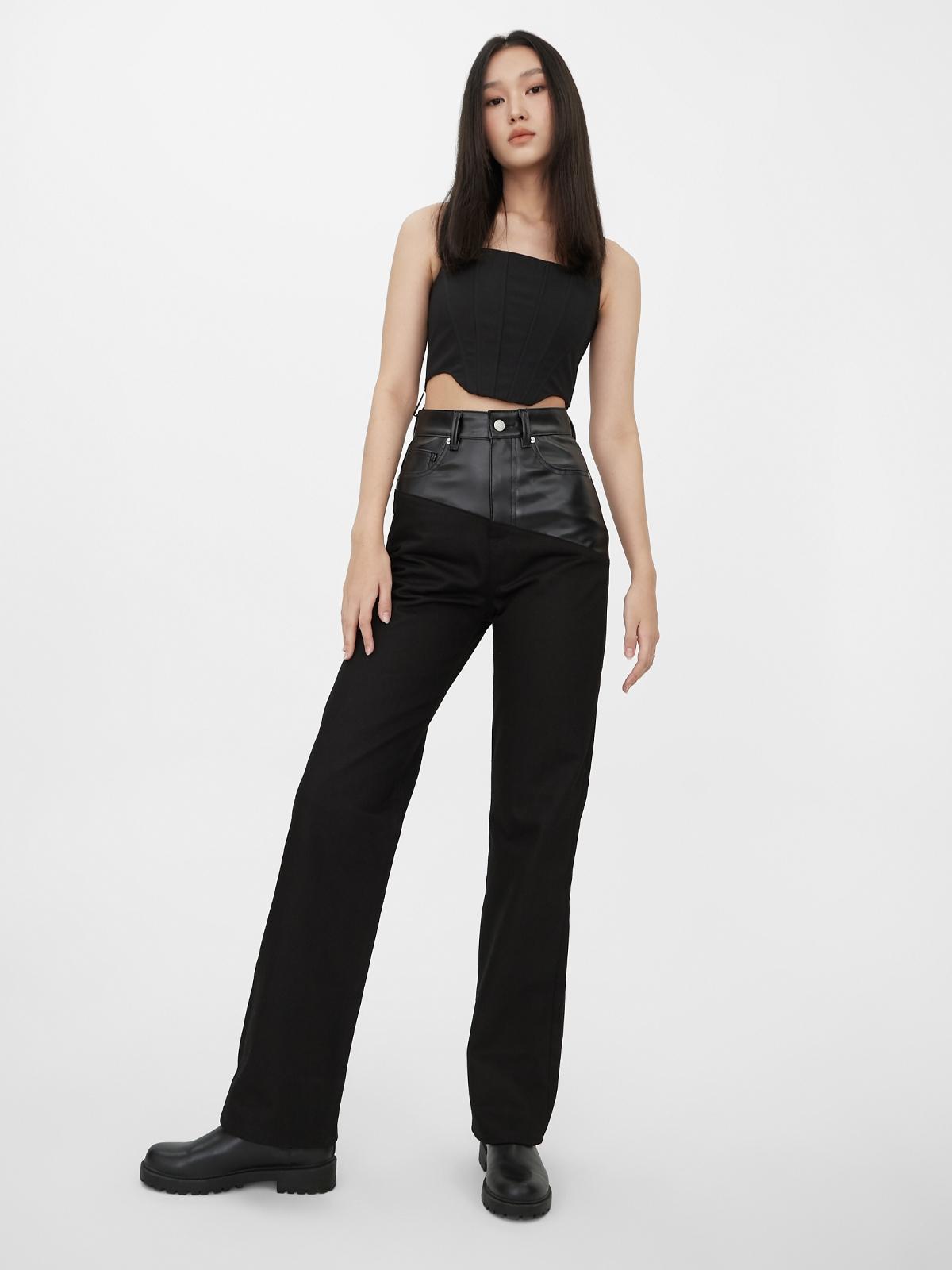 High Waist Asymmetric Leather Jeans - Black