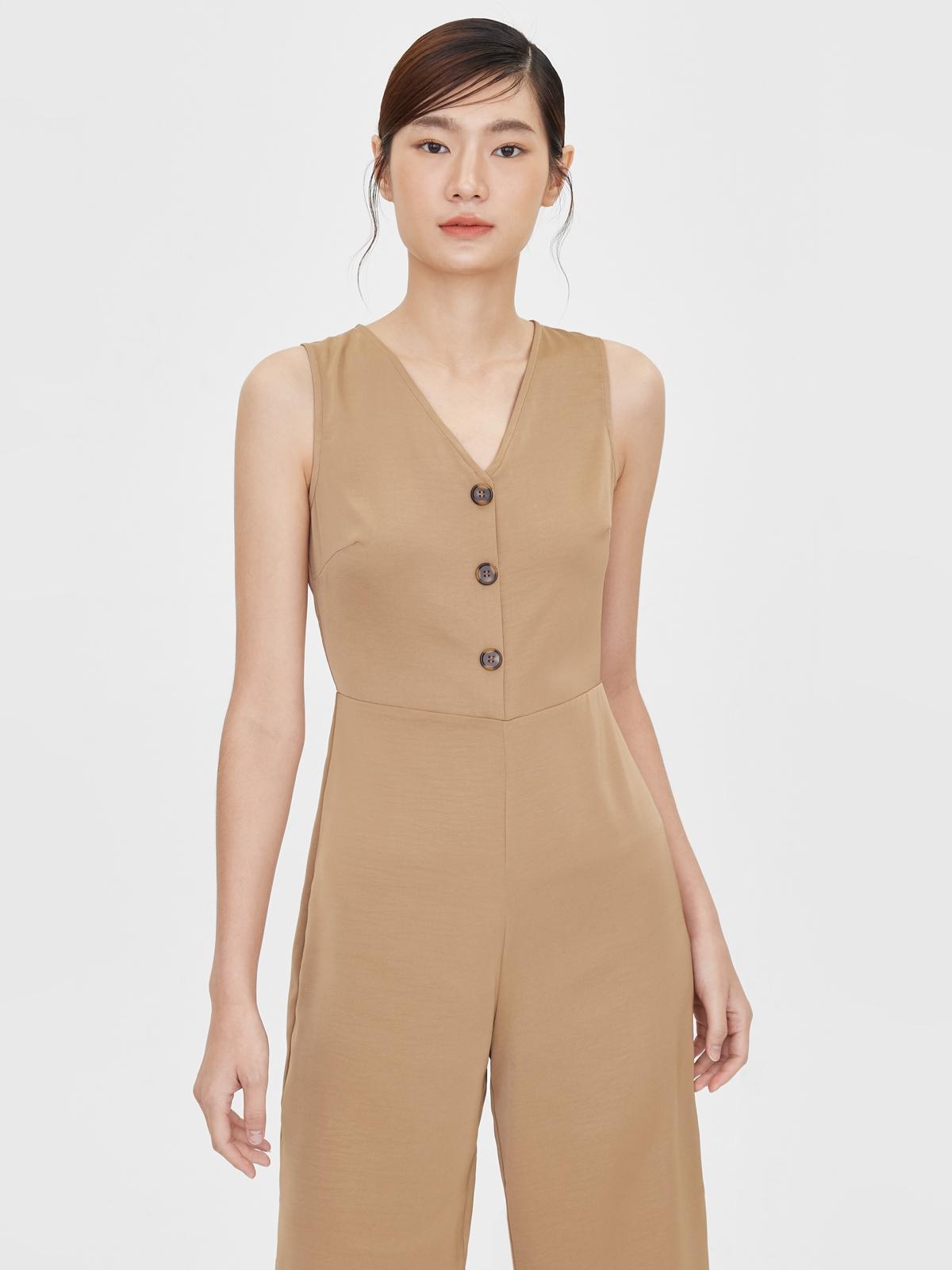 Triple Button Sleeveless Jumpsuit - Brown