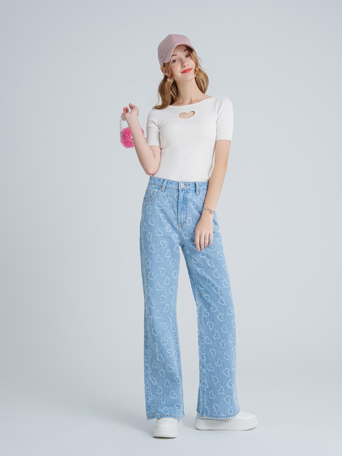 Heart Cut Out Ribbed Knit Top - White