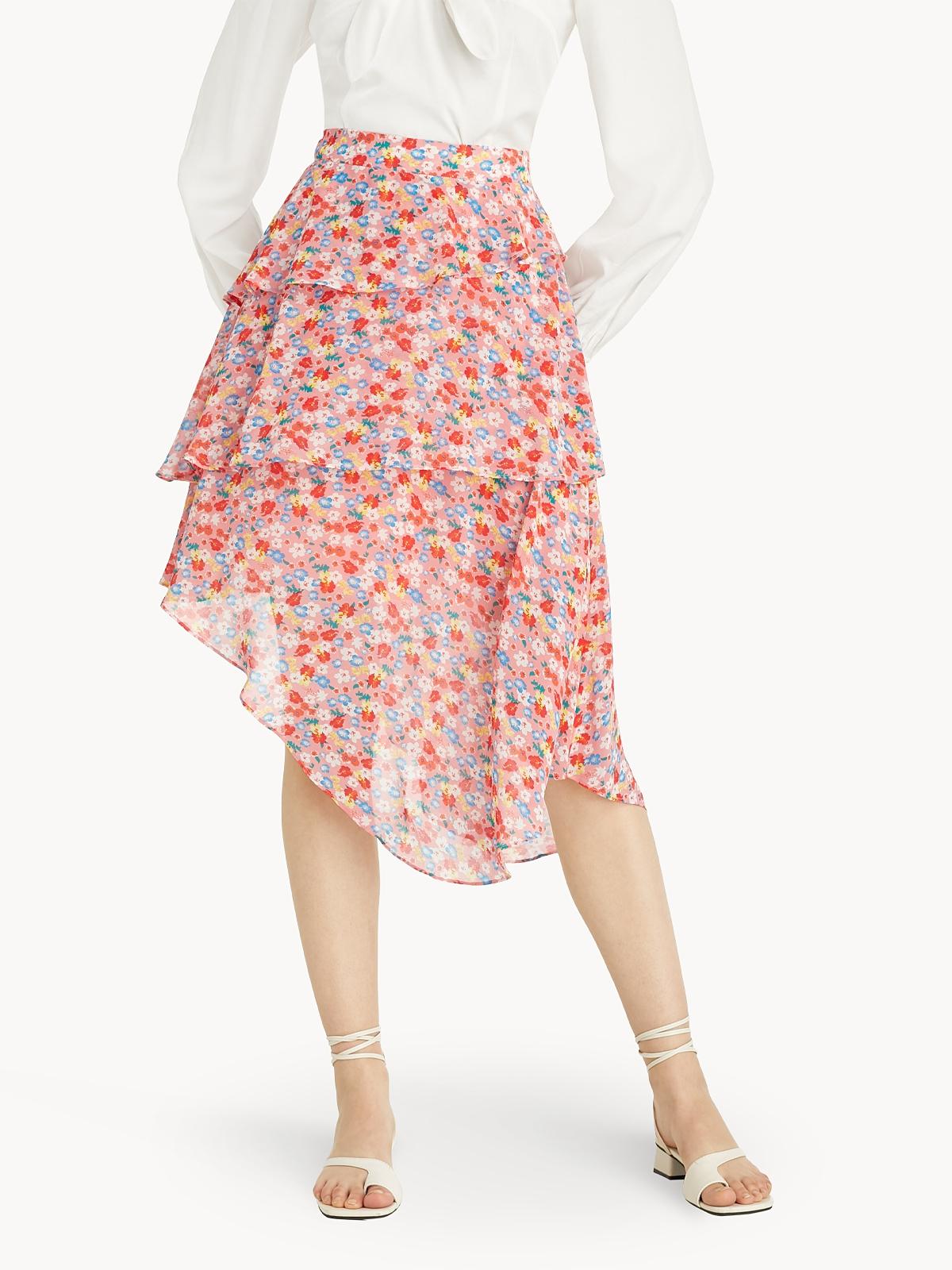 Asymmetrical Tiered Ruffle Skirt - Pink