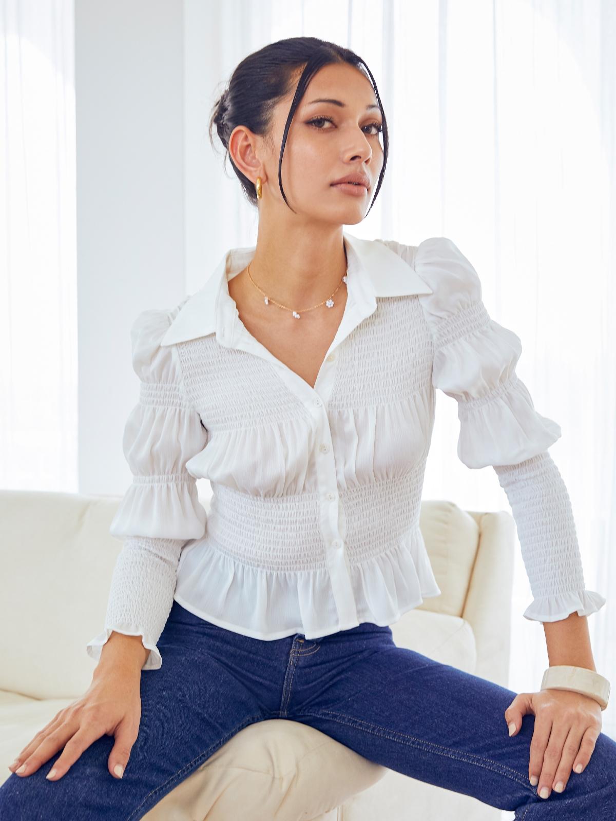 Smock Sleeve Button Up Shirt - White