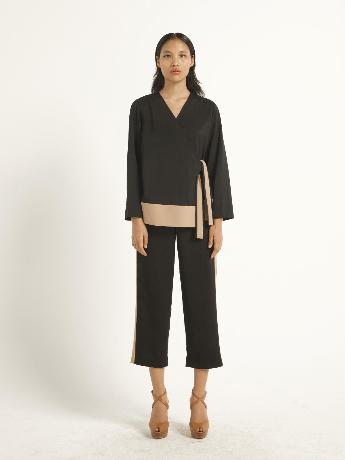 Side Tie Colour Block Co-Ord Set - Black