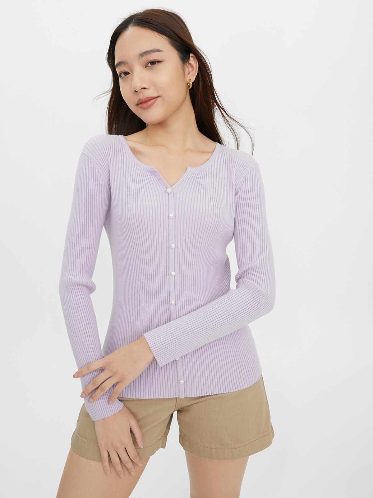 Ribbed Pearl Button Cardigan Top - Purple