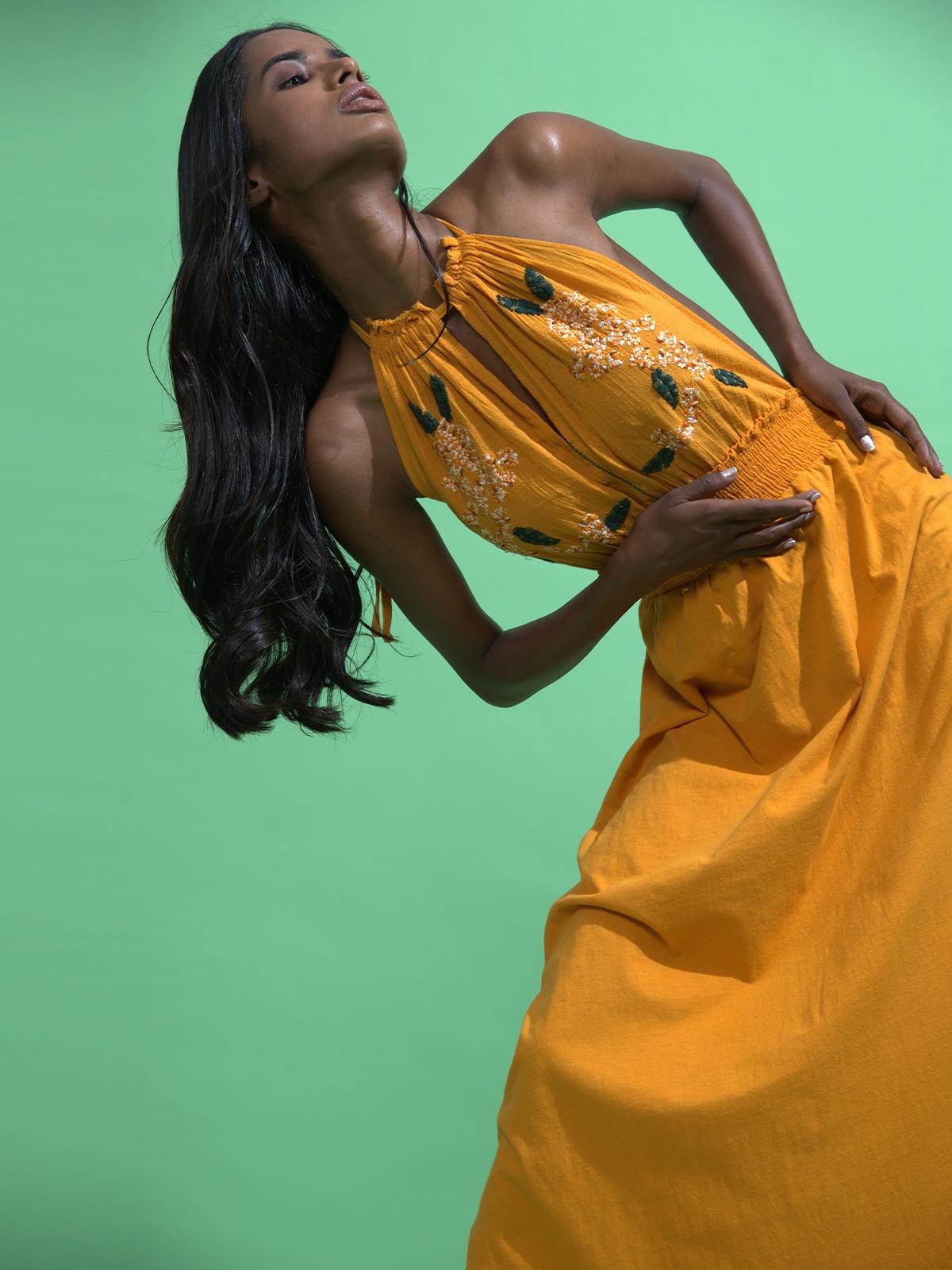 Embroidered Halter Sundress - Orange