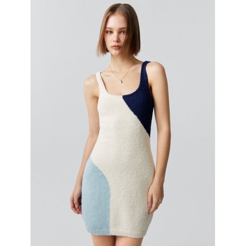 Three Tone Knit Mini Dress - Navy