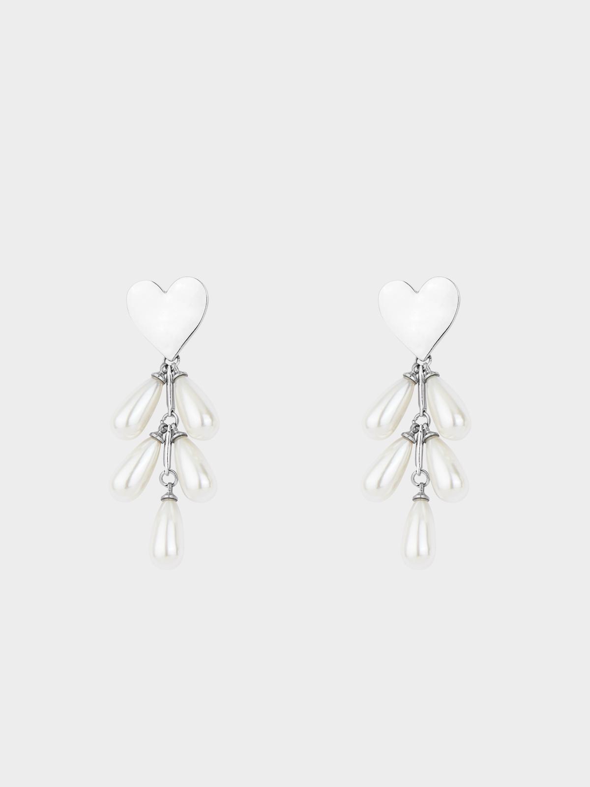 Heart Shaped Pearl Drop Earrings - Silver
