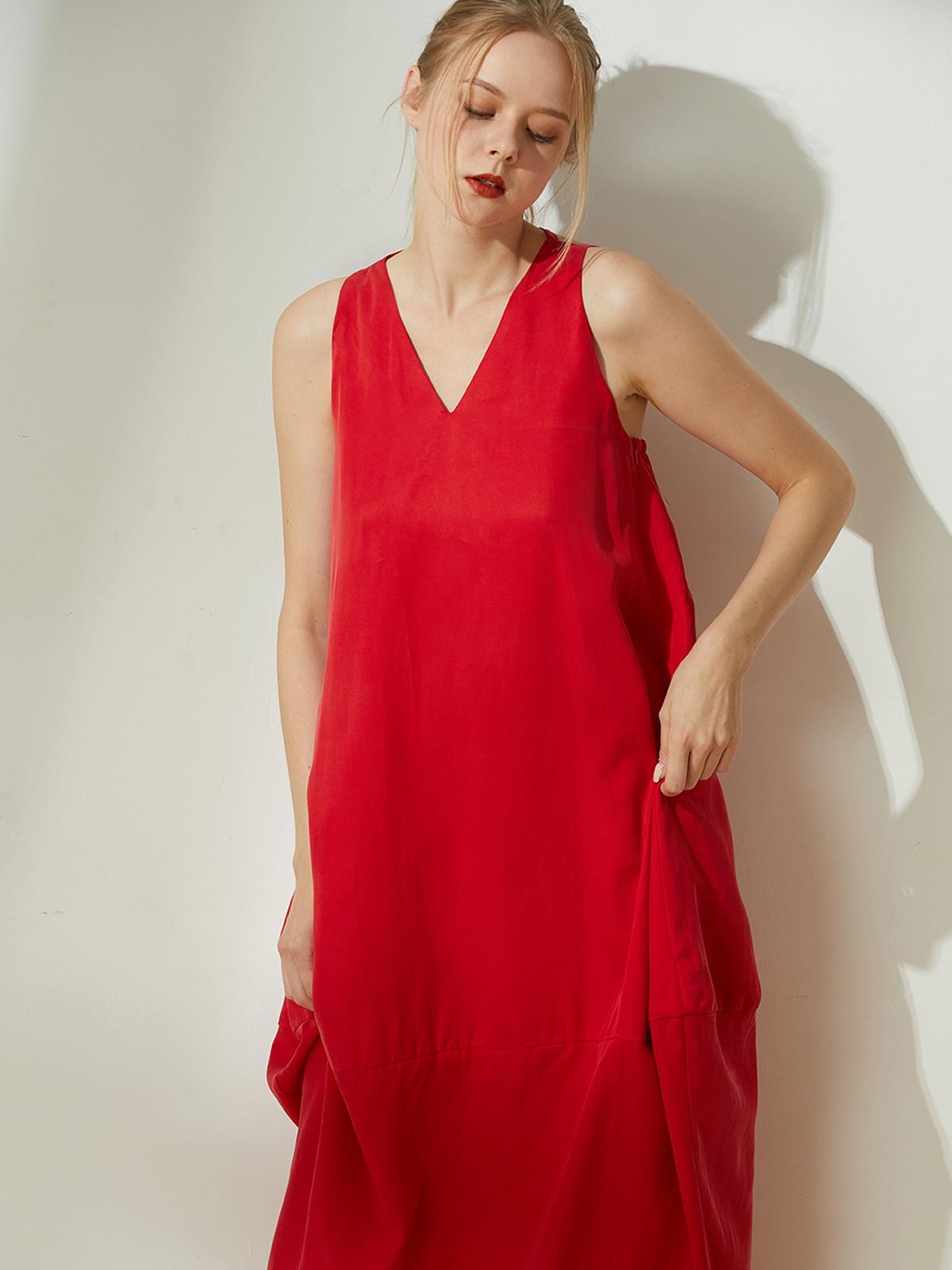 Hekate V Neck Cupro Cocoon Dress - Red