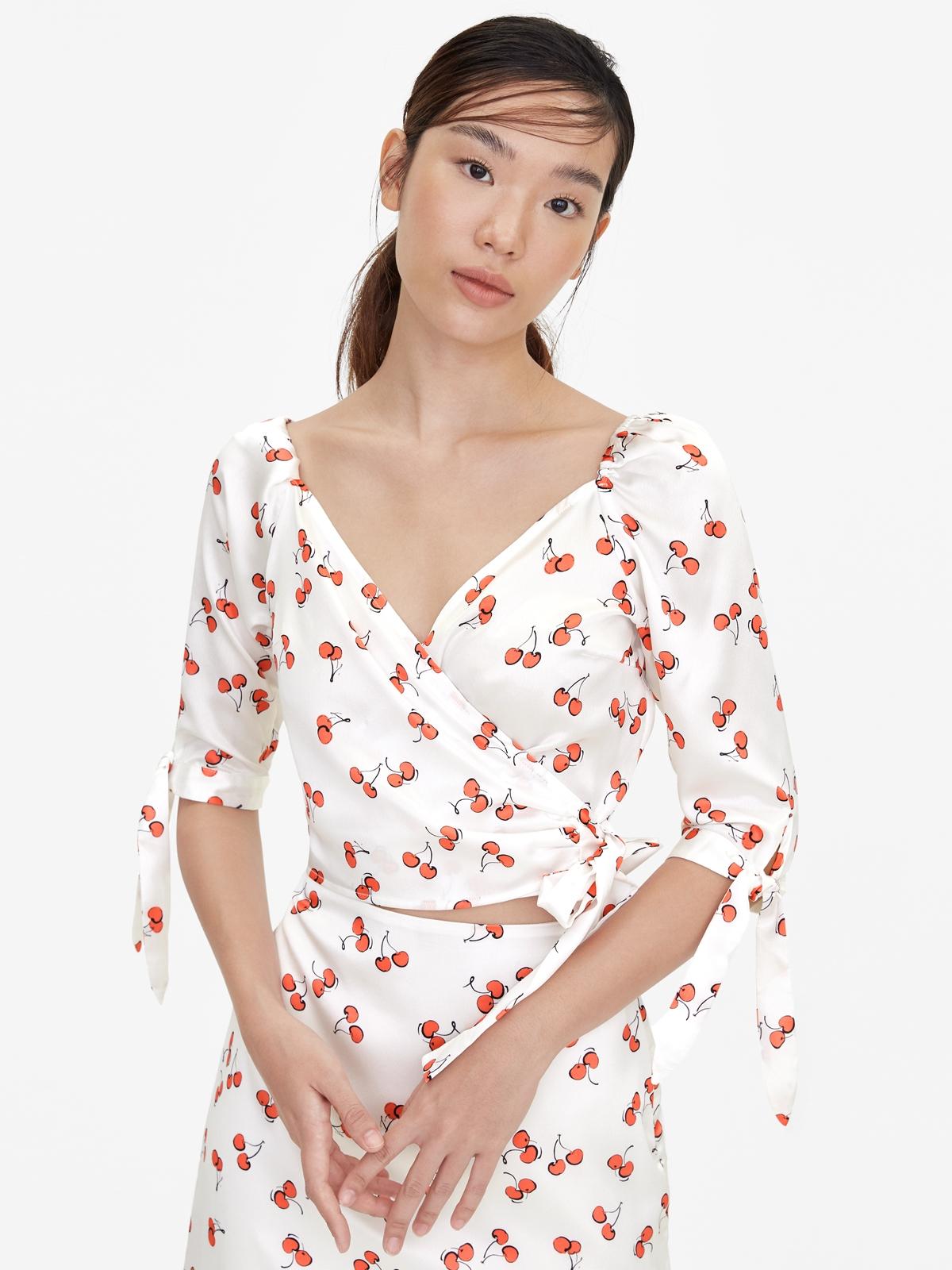 Wrap Cherry Print Crop Top - White