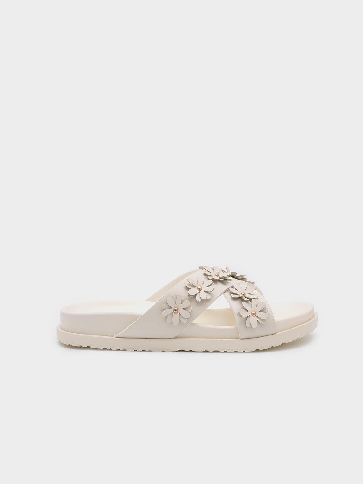 Floral Embellished Flat Slide - Off White