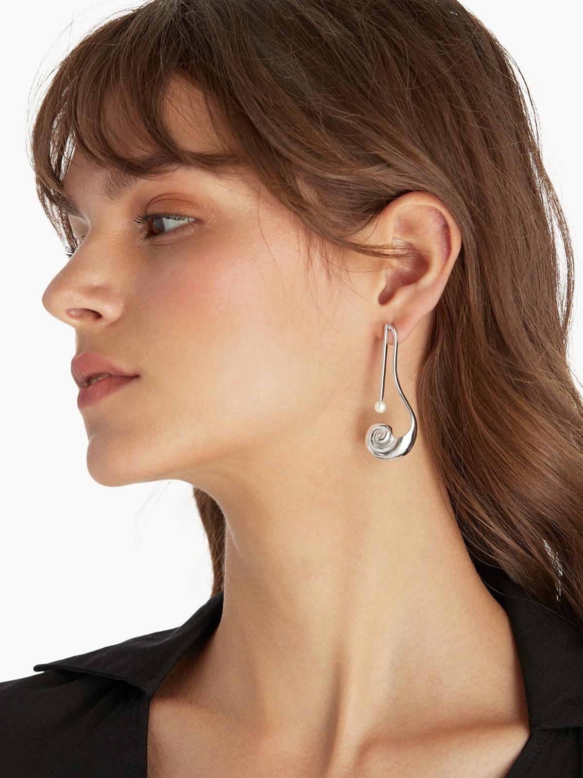 Pearl Accent Spiral Earrings - Silver