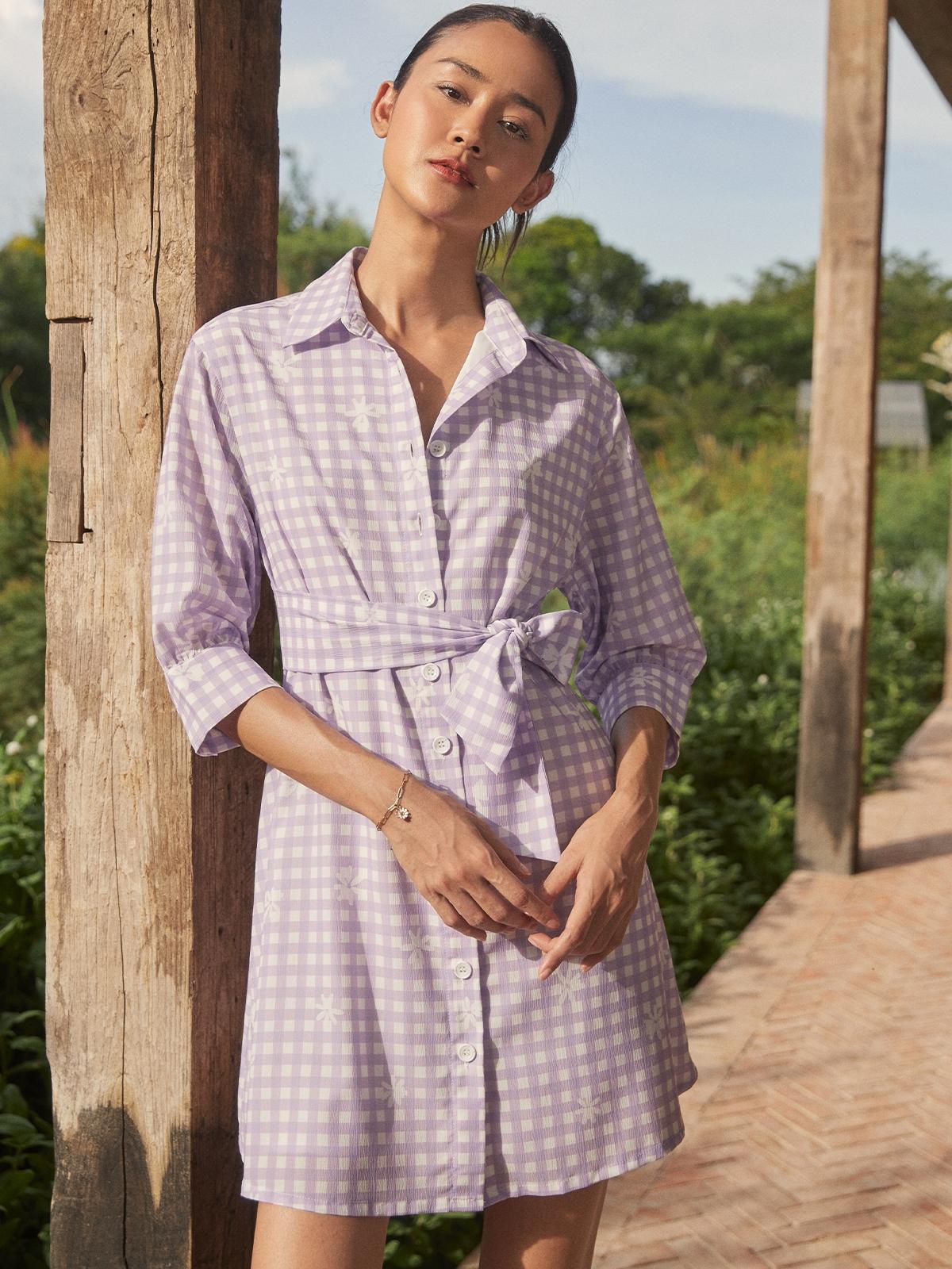 Gingham Daisy Print Tie Waist Dress - Lilac