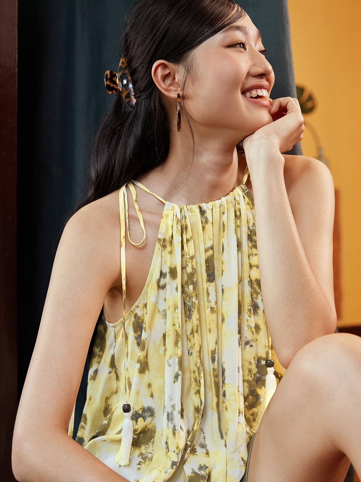 Abstract Print Halter Neck Top - Yellow