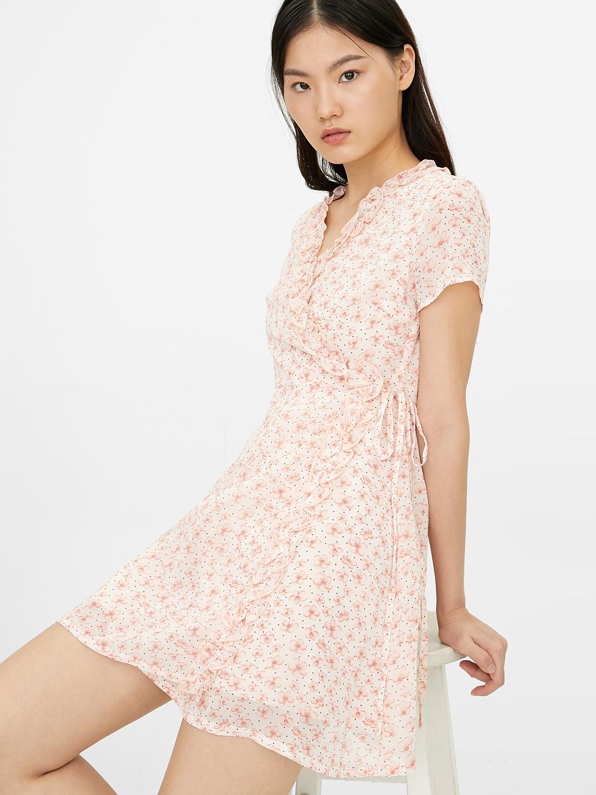 Mini Floral Tied Waist Dress - White