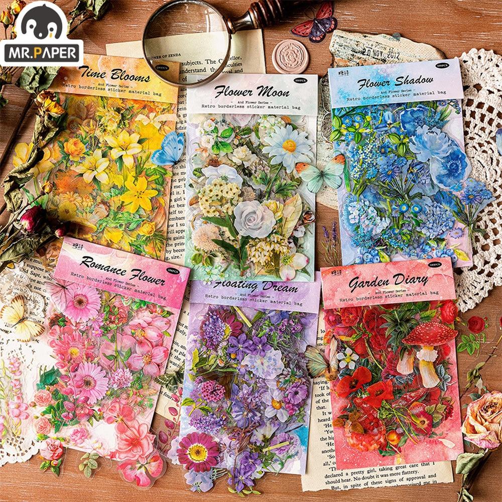Mr.paper 6 Styles 30-100Pcs/Bag Vintage Botanical Stickers Aesthetic Flowers Hand Account Material Decorative Stationery Sticker