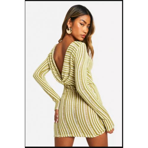  Cowl Back Stripe Sheer Knitted Mini Dress 