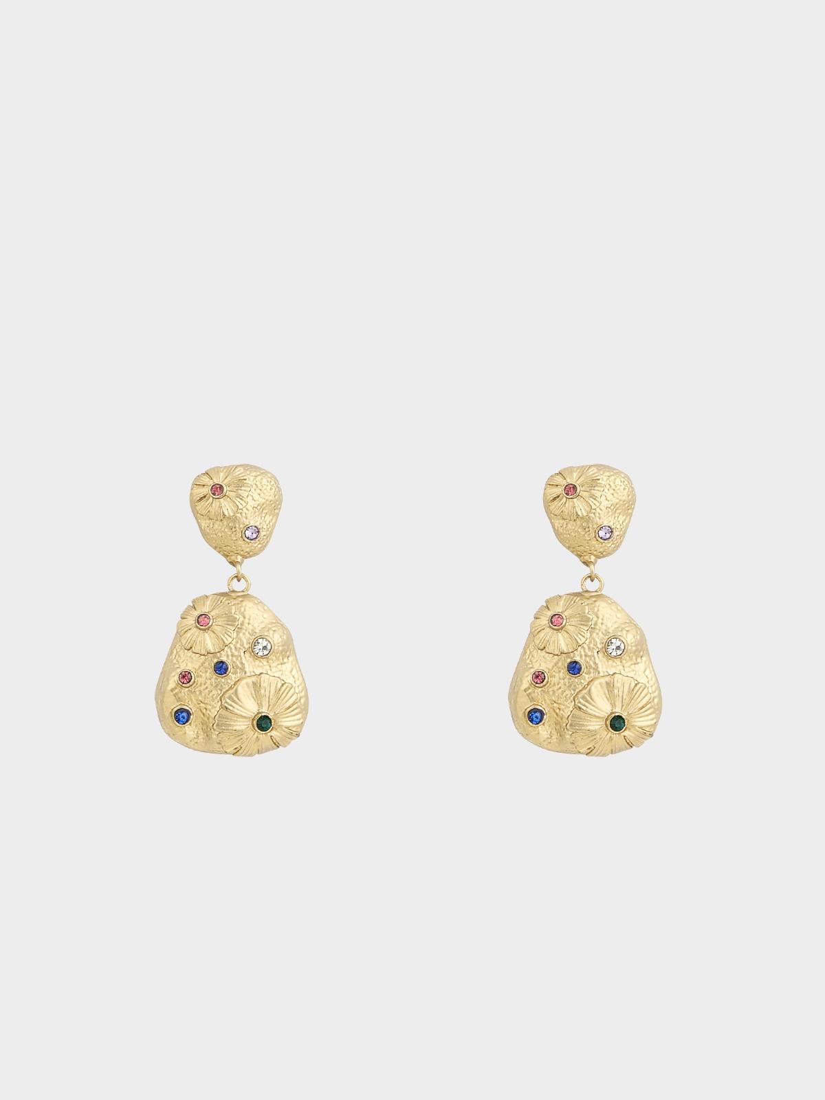Jeweled Flower Plated Drop Earrings - Gold