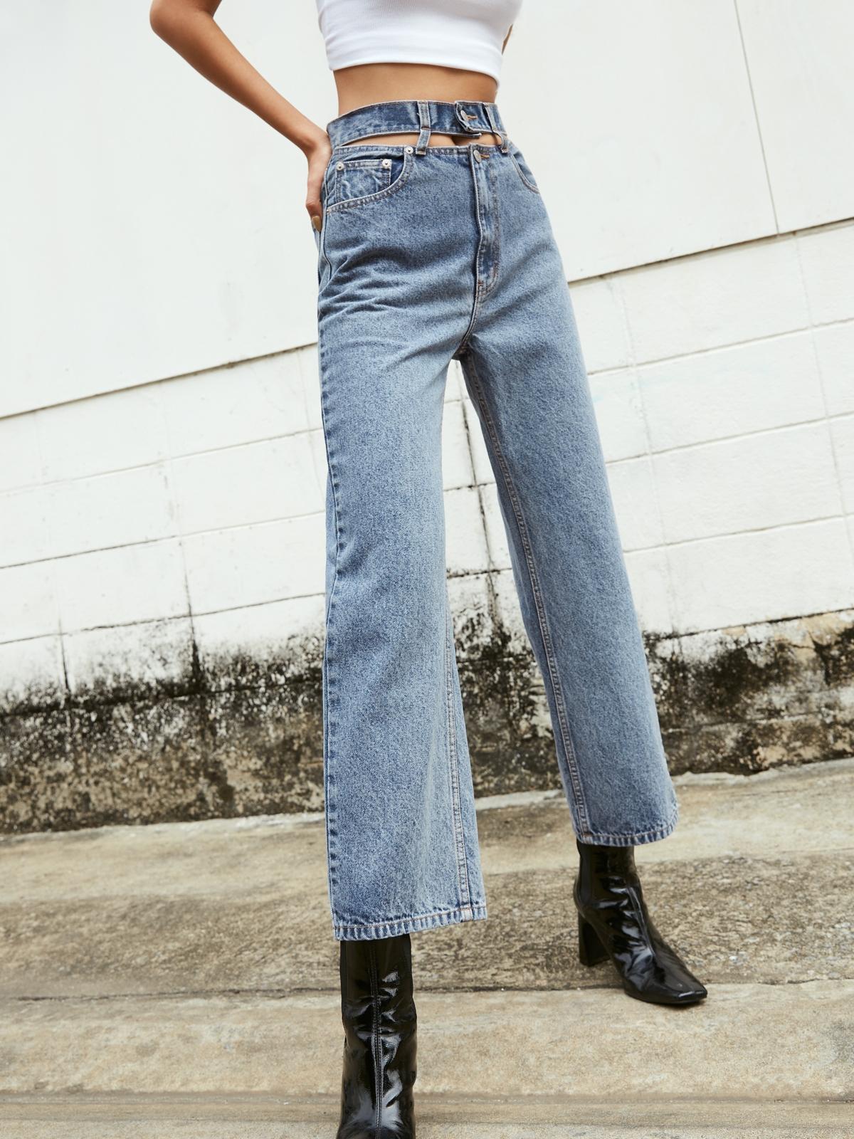 Sustainable Cut Out Waist Baggy Jeans - Light Blue