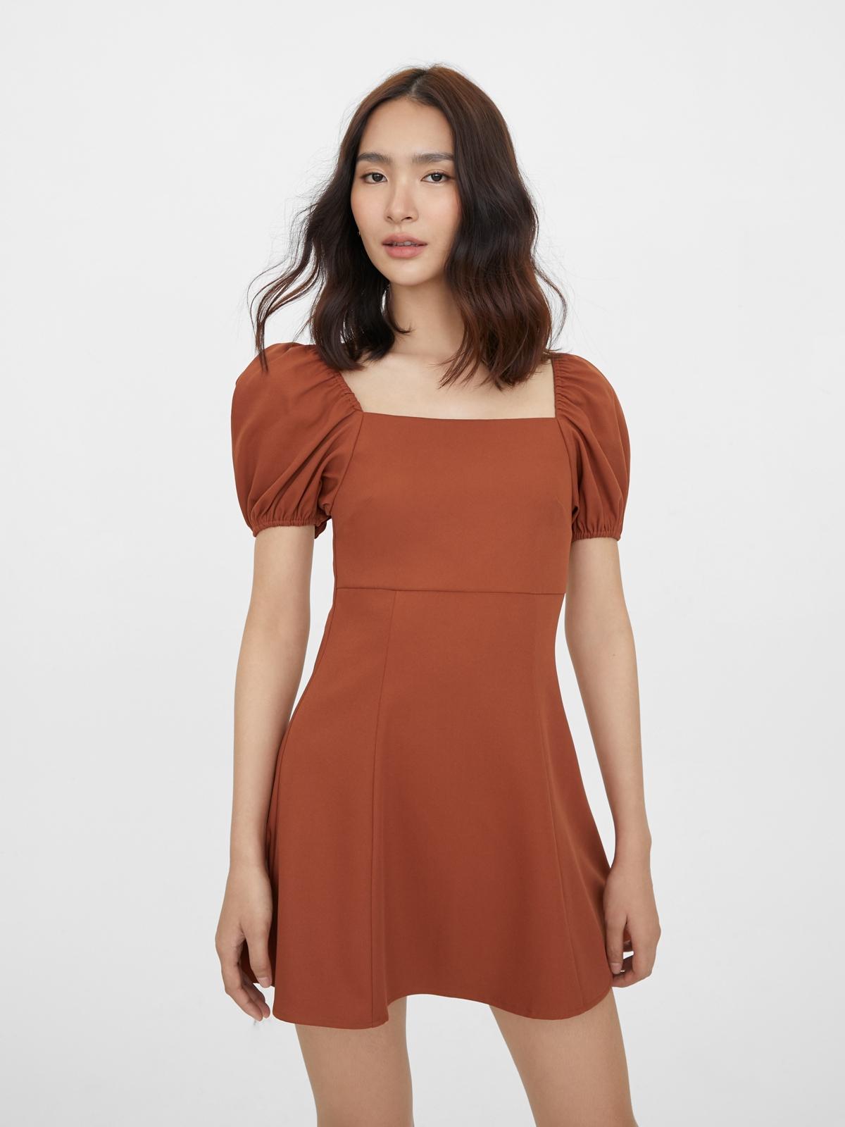 Short Puffed Sleeve Mini Dress - Brown