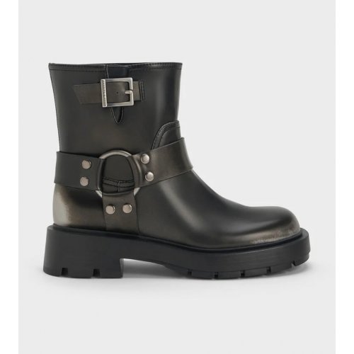  Metallic Buckled Ankle Boots - Silver 