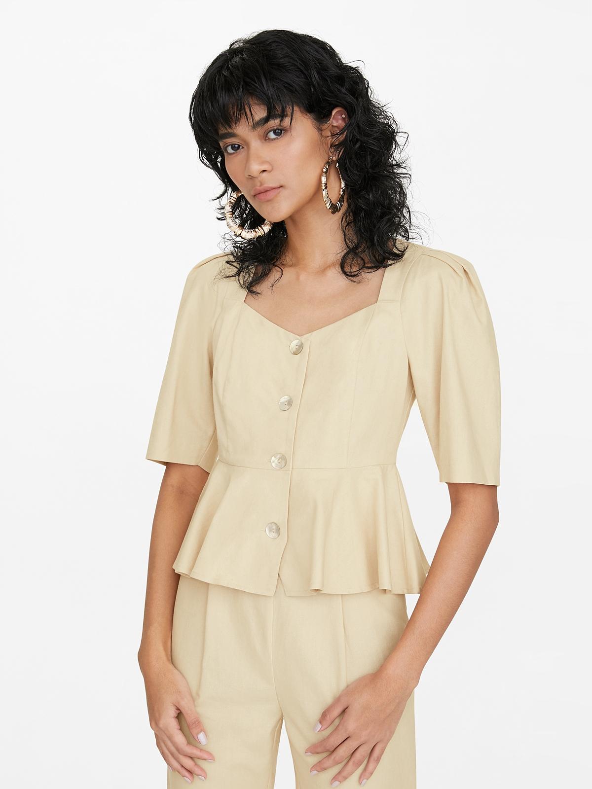 Puffed Sleeve Smock Top - Beige