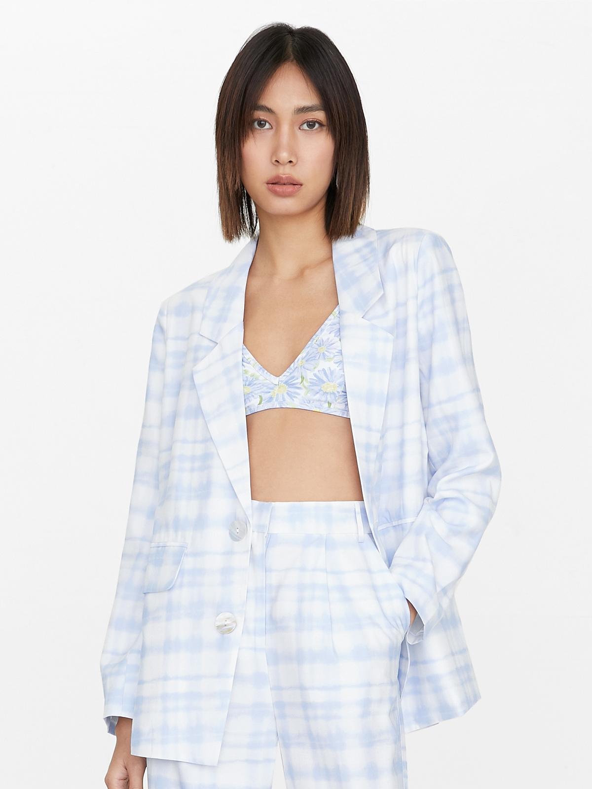 Washed Out Plaid Blazer - Blue