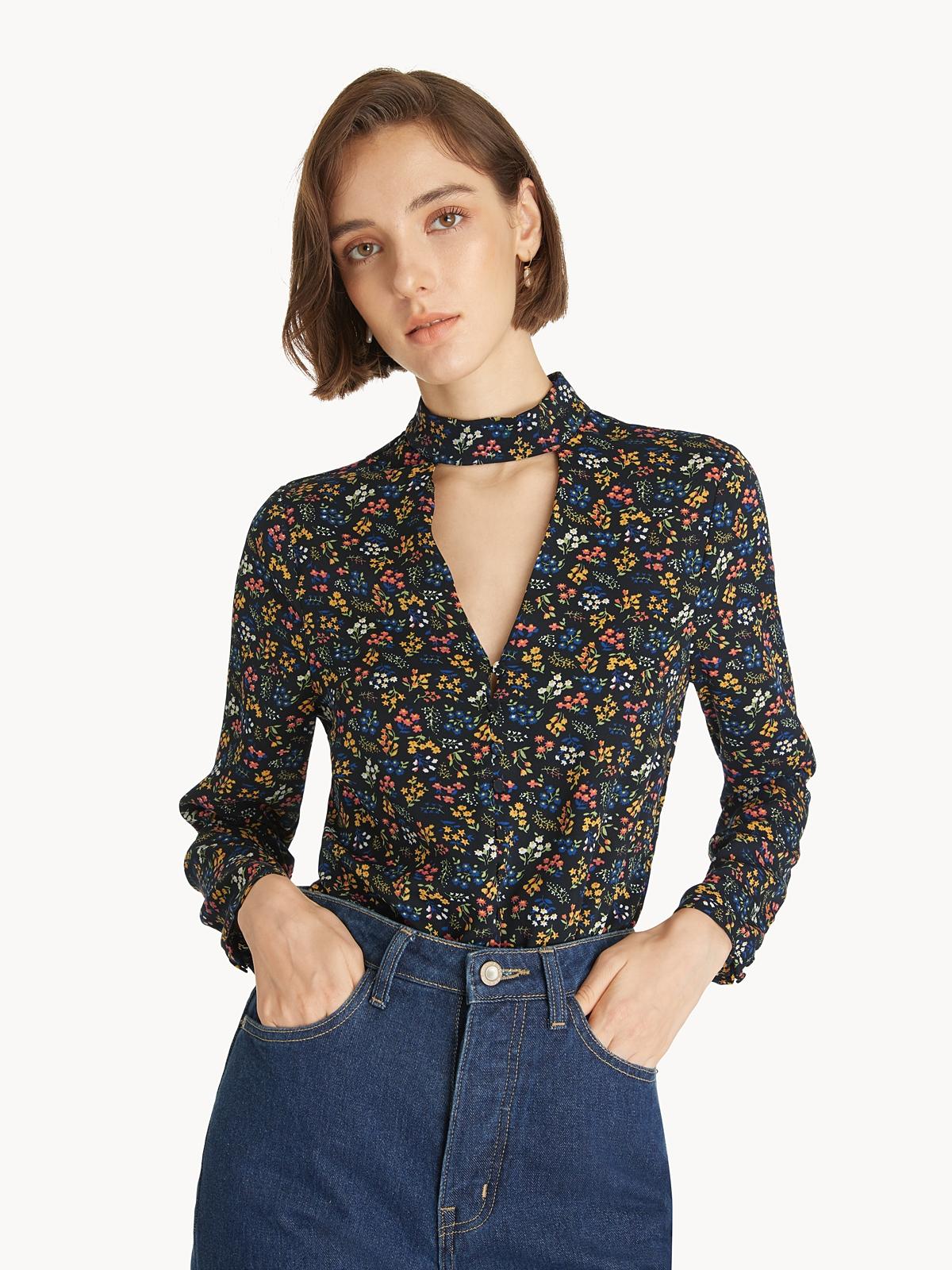 Floral Mock Neck Bodysuit - Black