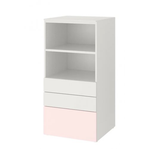 SMÅSTAD / PLATSA Bookcase, white pale pink/with 3 drawers