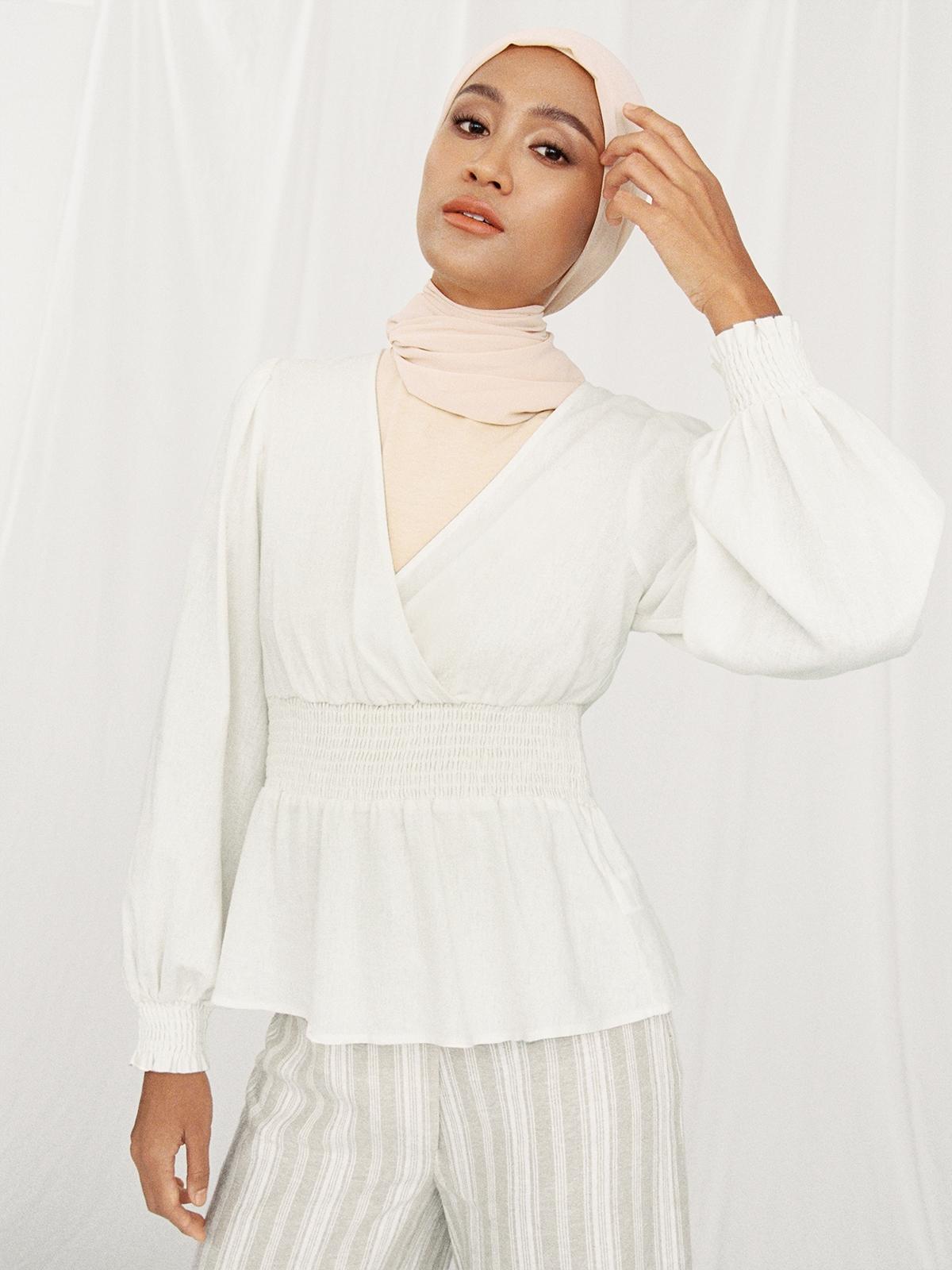 Purpose Surplice Smocked Blouse - White