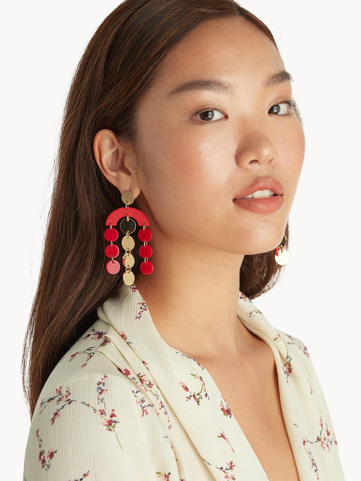 Two-Toned Disc Drop Earrings - Red