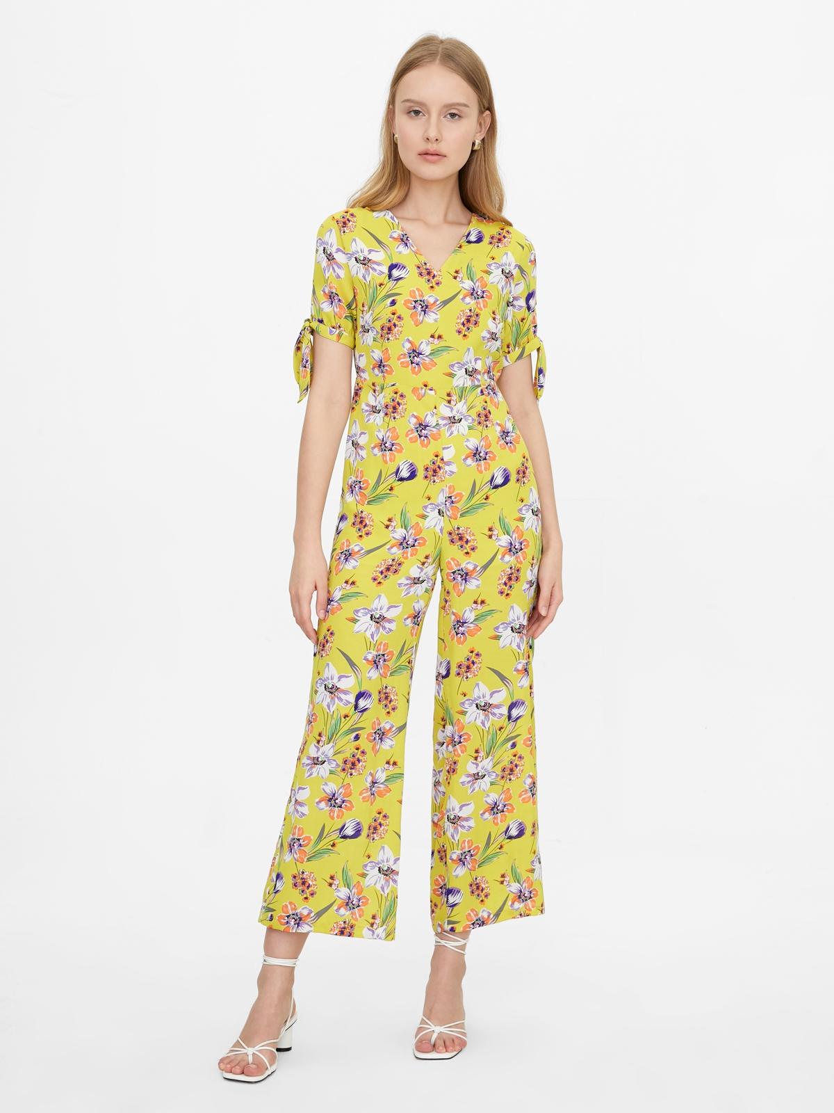 Bow Tie Sleeve Floral Jumpsuit - Yellow