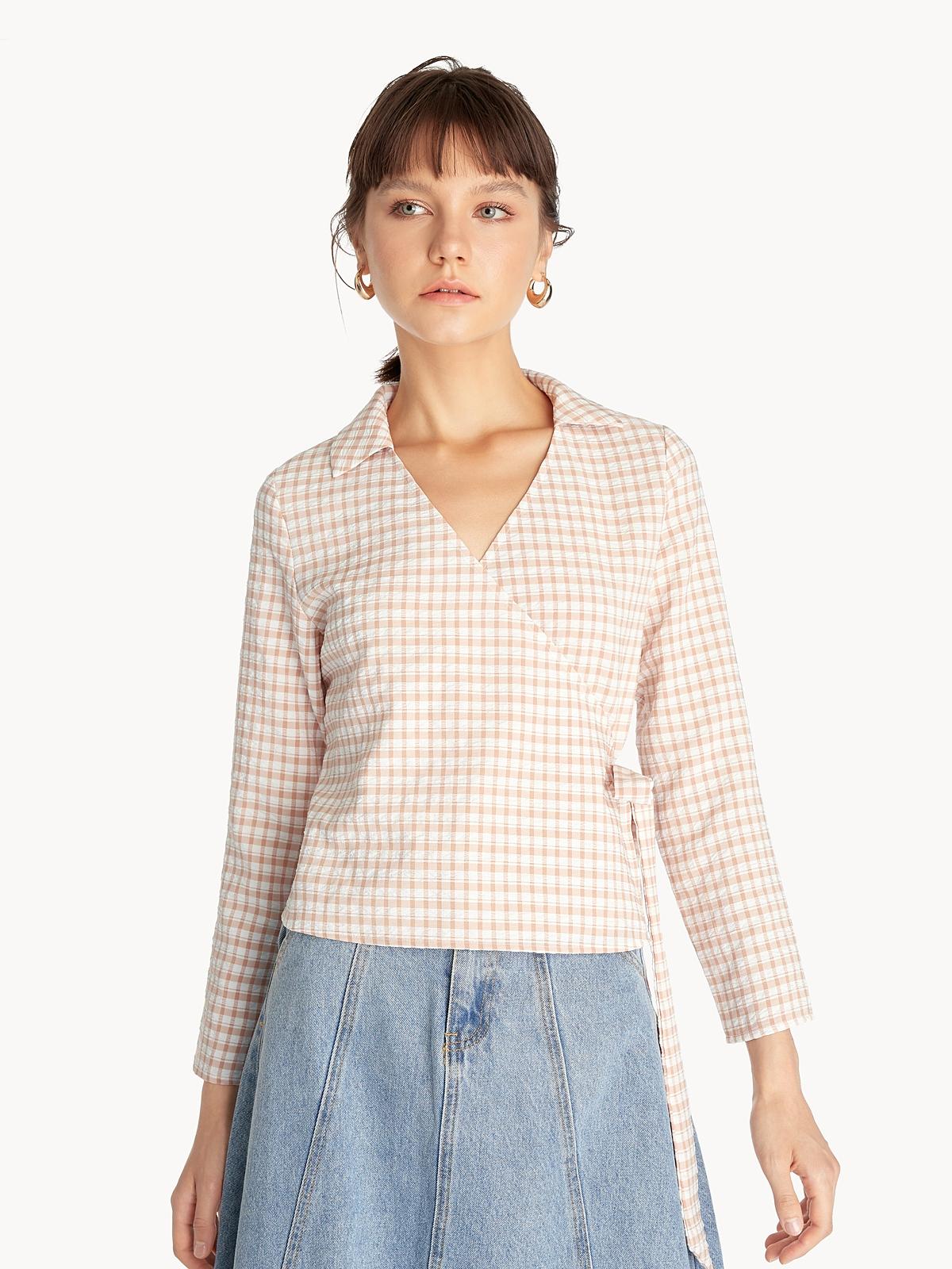 Textured Plaid Wrap Blouse - Brown