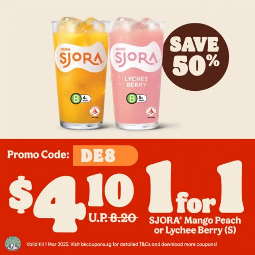 Refresh yourself with 50% off 1-for-1 SJORA® drinks!
