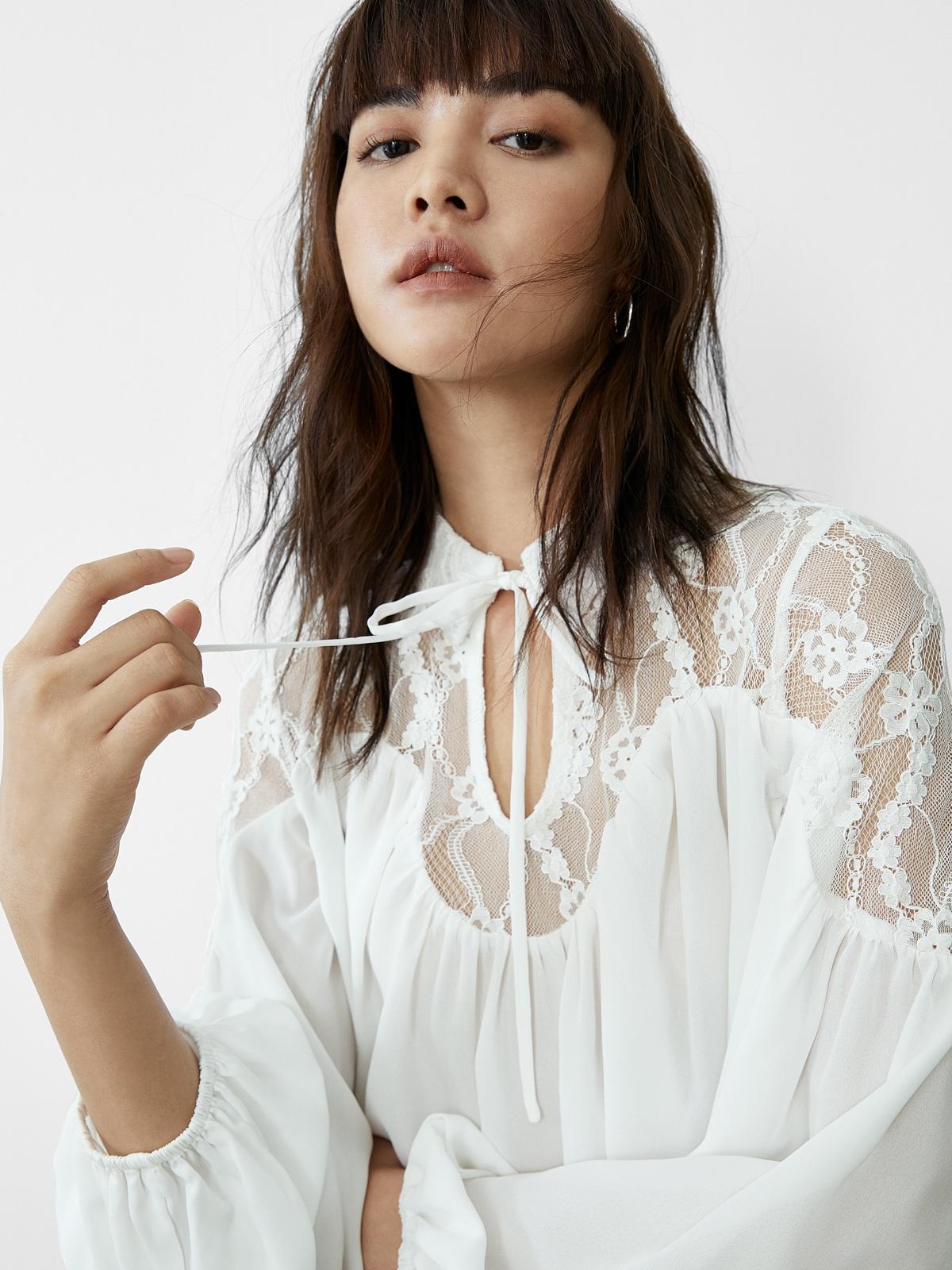 Floral Lace Shoulder Bishop Blouse - White