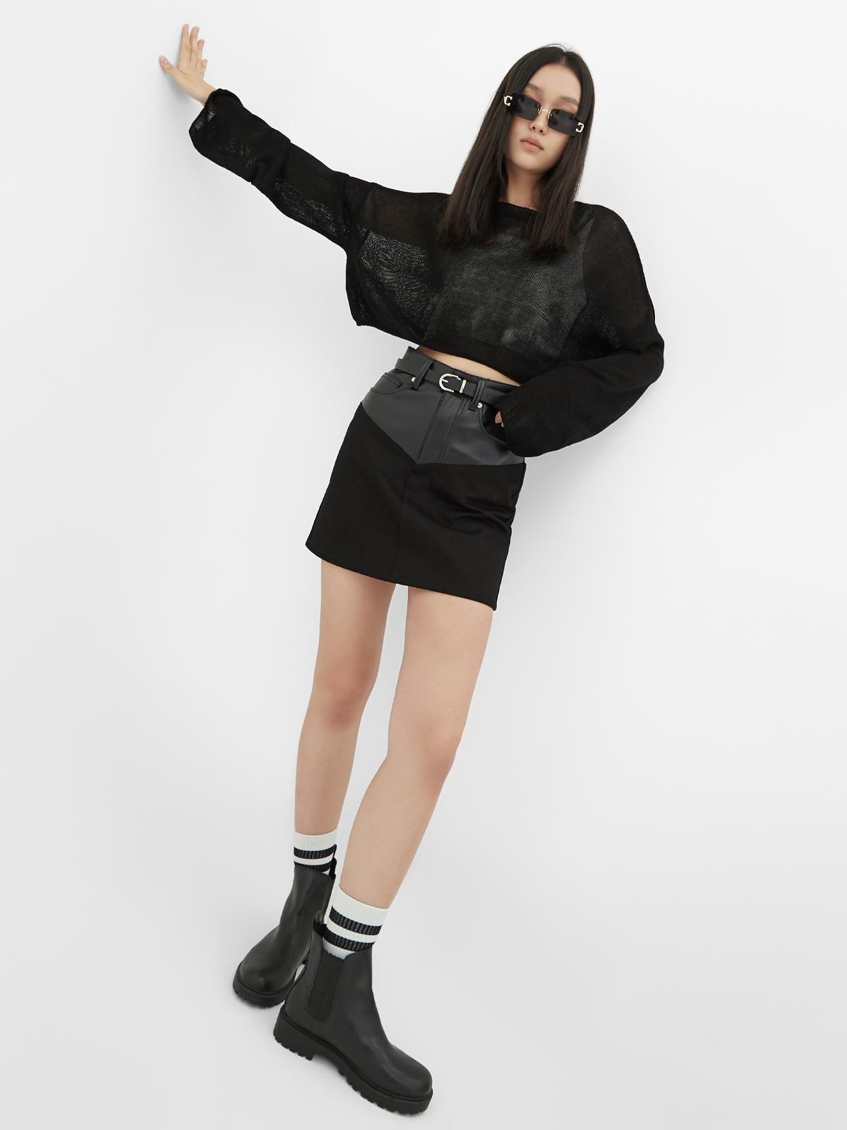 Asymmetric Leather Jeans Skirt - Black