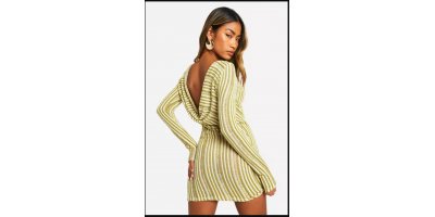  Cowl Back Stripe Sheer Knitted Mini Dress 