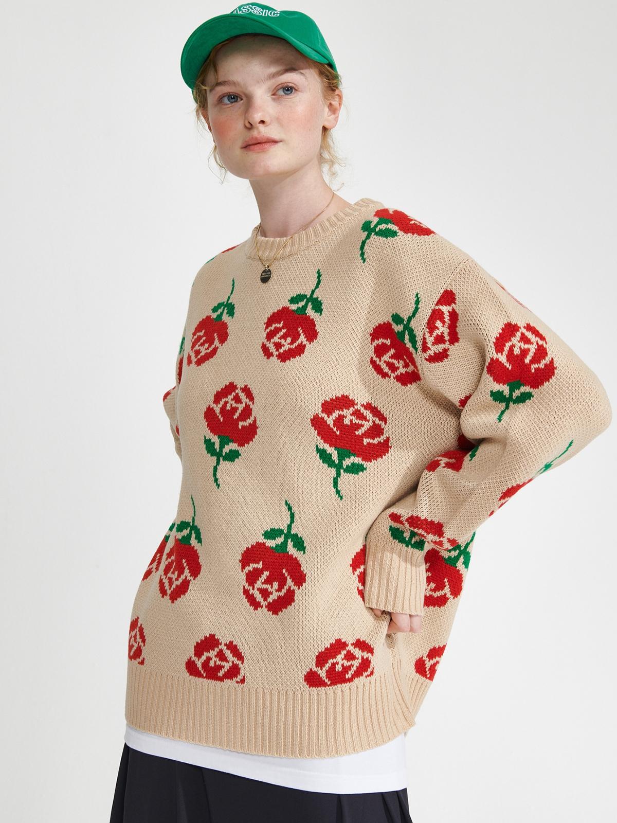 Wonder Visitor x Rose Pattern Knit Sweatshirt - Beige