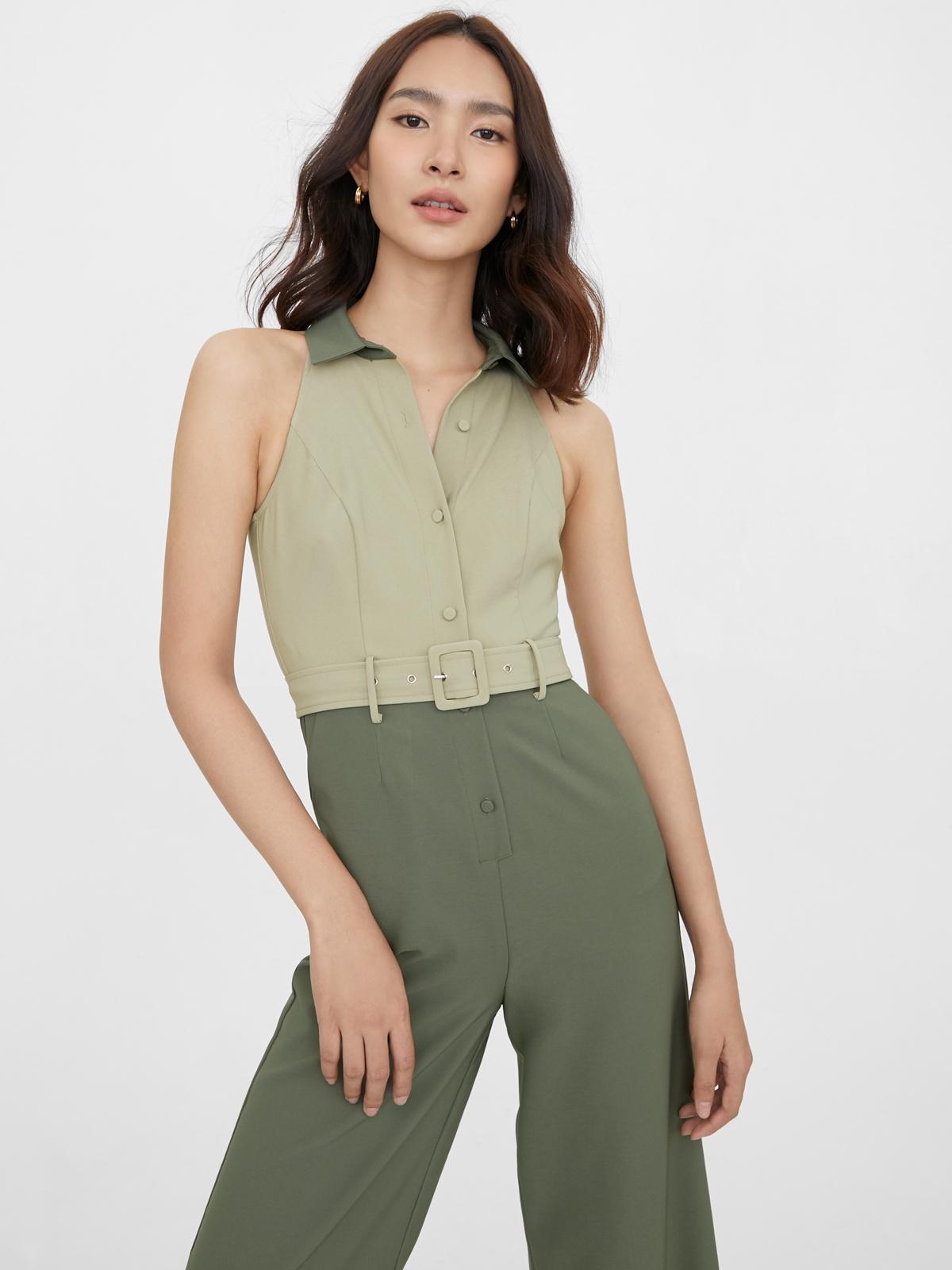 Tie Waist Racerback Jumpsuit - Green