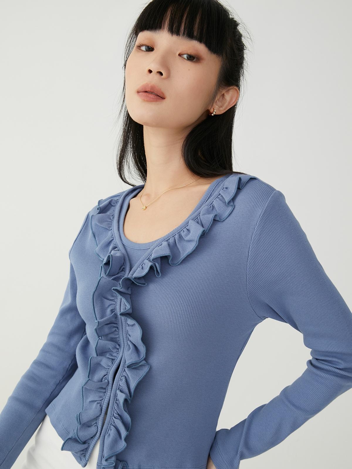 Sustainable Basic Ruffled Cardigan - Blue