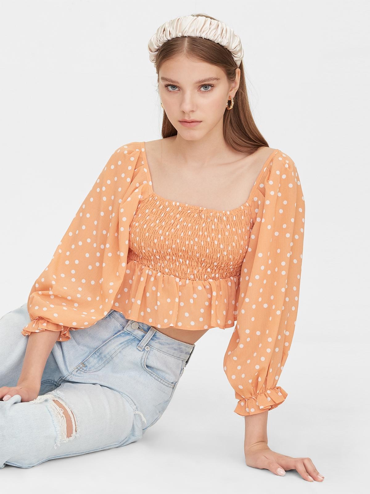 Polka Dot Ruffle Smock Top - Orange