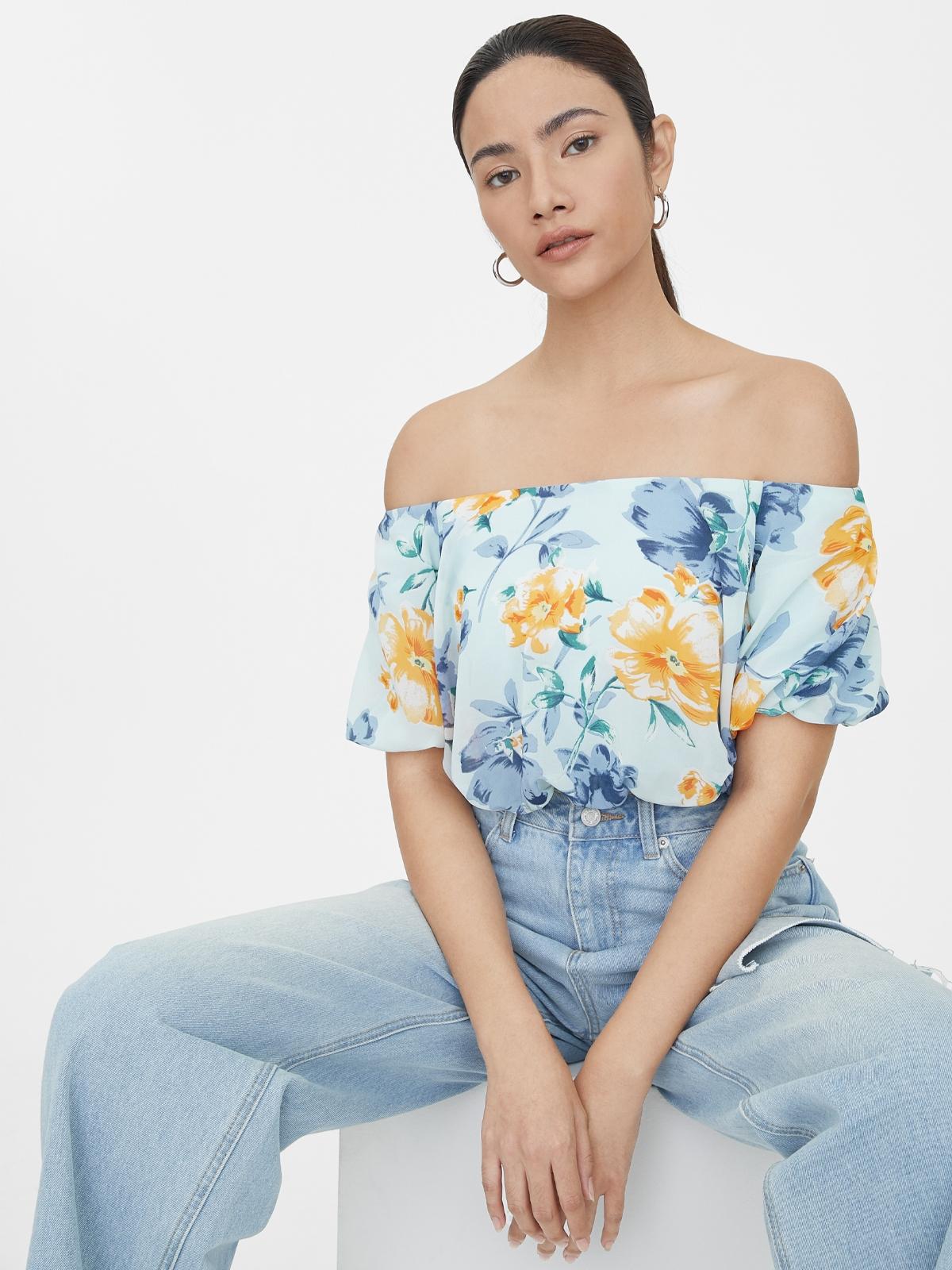 Puffed Floral Off Shoulder Crop Top - Blue